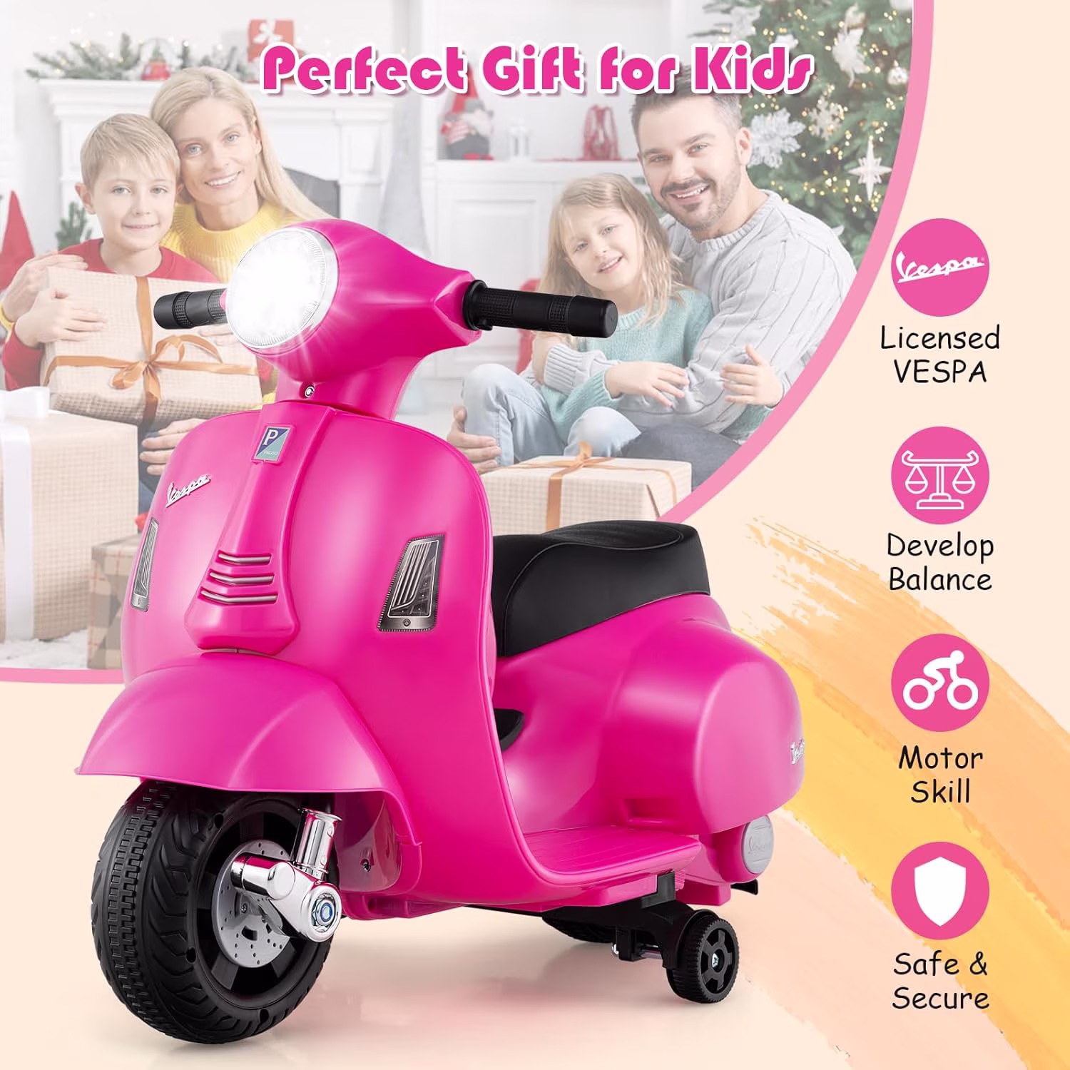 Licensed Vespa Kids Motorcycle by OLAKIDS, 6V Battery Powered Motorbike for Toddlers with Training Wheels, Horn, LED Lights, Electric Ride on Toys for Boys Girls Aged 18-36 Months - Image 3