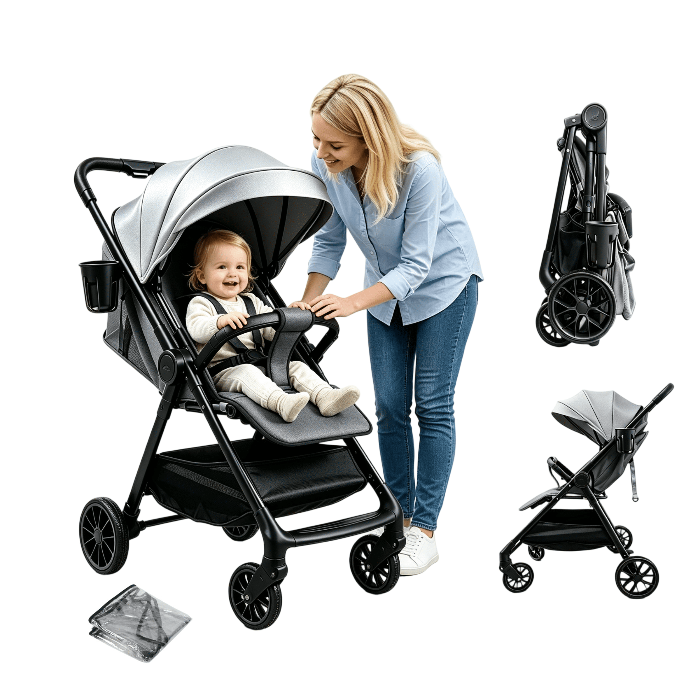 Lightweight Baby Stroller Portable Baby Pushchair Foldable Stroller for Newborns to Toddlers with PU Handle Unisex,Grey