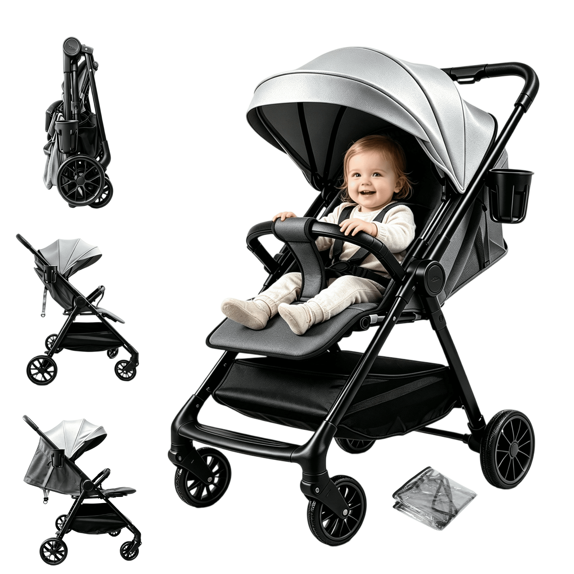 Lightweight Baby Stroller Portable Travel Stroller Infant Carriage Bassinet Stroller with Compact Fold for Newborn/Child/Toddler,Adjustable Canopy,Net,Cup Holder,One-Hand,Unisex Grey