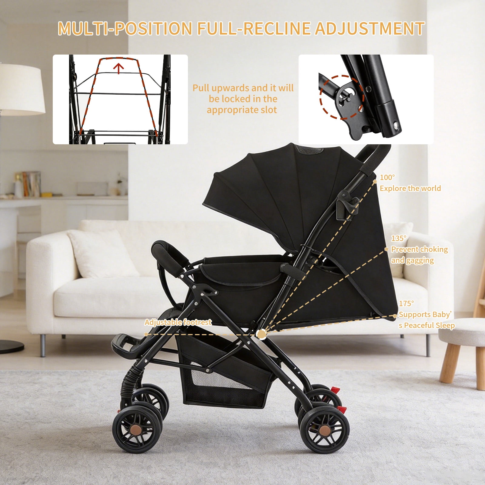 Lightweight Portable Baby Stroller, Two-Way Reversible Handle Stroller with Full Recline Seat, UV Protection Canopy & Storage Basket for Newborn Toddlers - Image 3