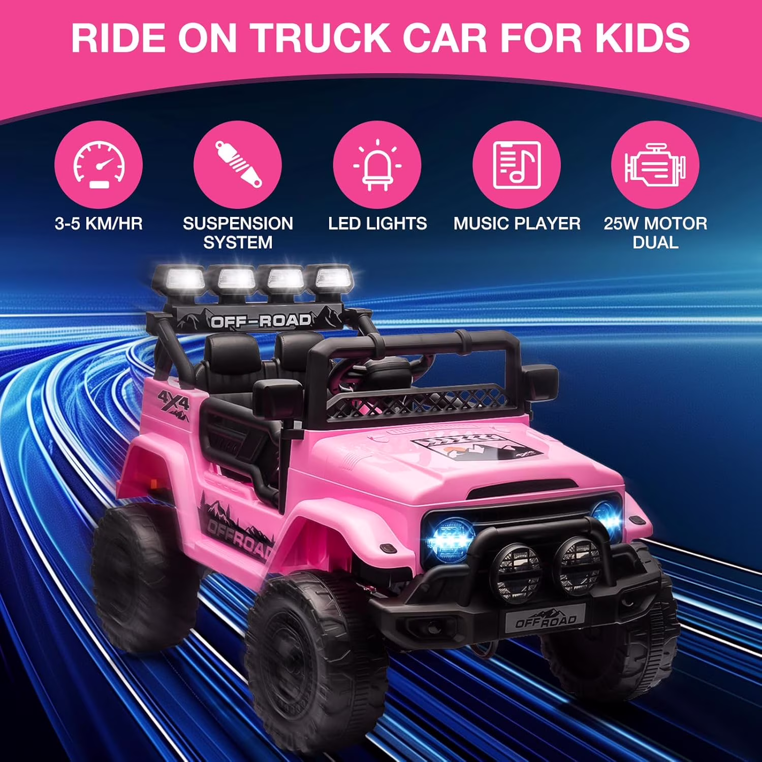 Luku 12V Kids Ride On Truck Car, Electric Vehicles with Remote Control, Lights, Music, 3 Speeds, Pink - Image 3