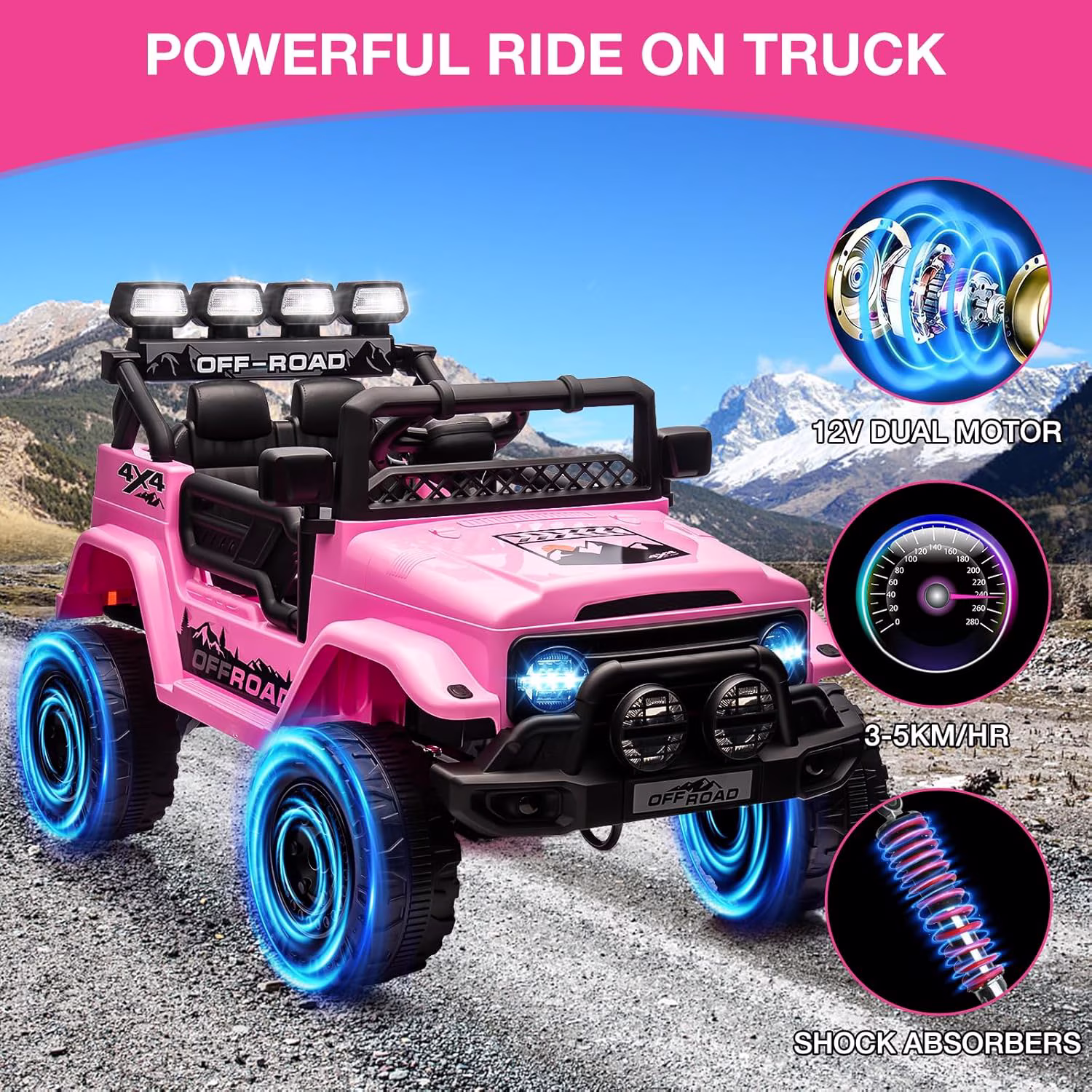 Luku 12V Kids Ride On Truck Car, Electric Vehicles with Remote Control, Lights, Music, 3 Speeds, Pink - Image 5