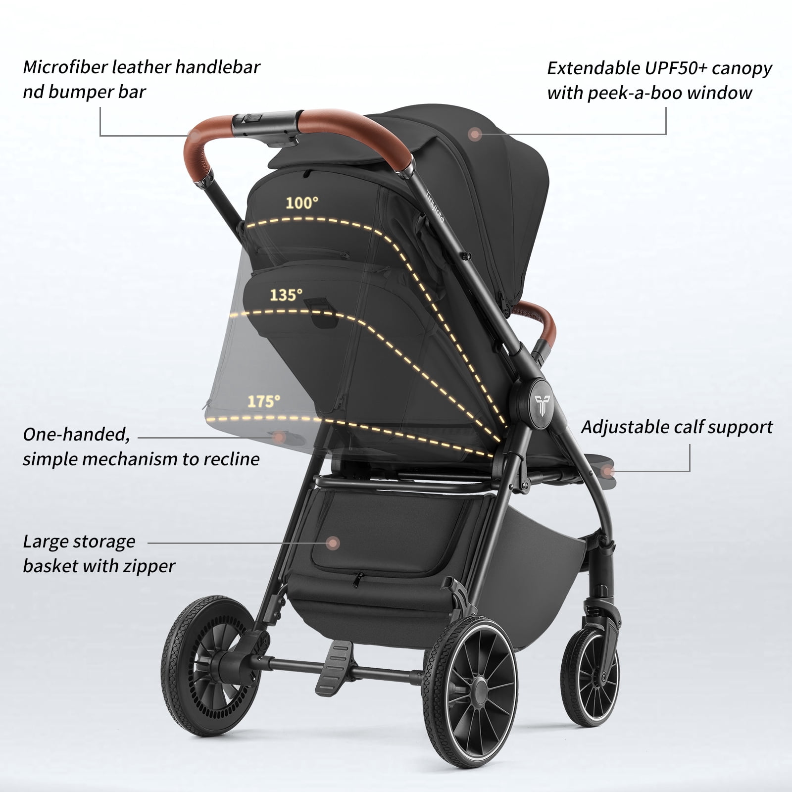 Luxury Foldable Baby Stroller for Toddler with UPF 50+ Canopy, Leather Handle, Black - Image 3