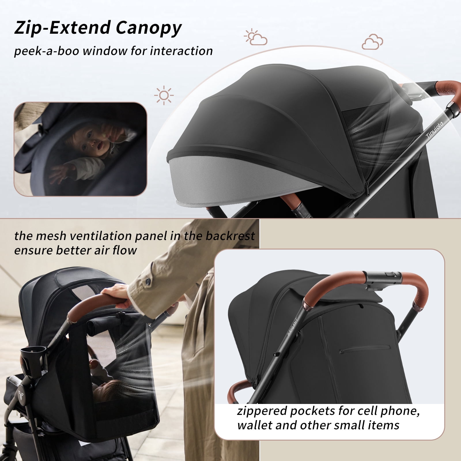 Luxury Foldable Baby Stroller for Toddler with UPF 50+ Canopy, Leather Handle, Black - Image 2
