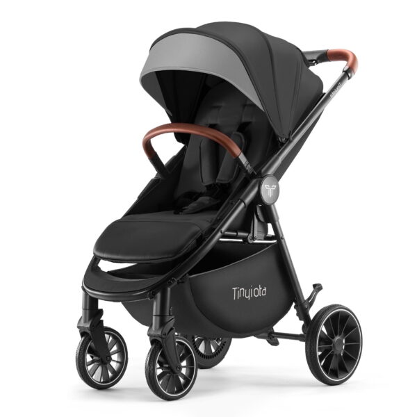 Luxury Foldable Baby Stroller for Toddler with UPF 50+ Canopy, Leather Handle, Black