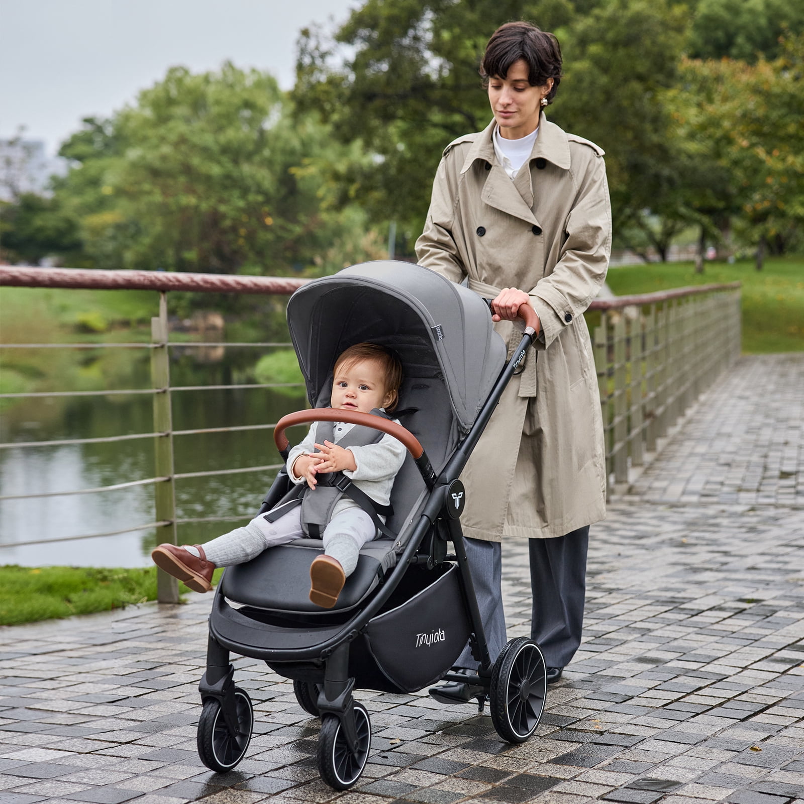 Luxury Foldable Baby Stroller for Toddler with UPF 50+ Canopy, Leather Handle, Black - Image 5