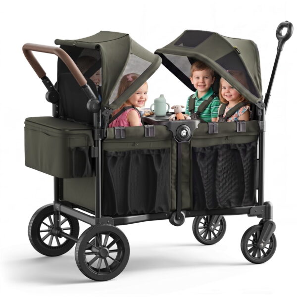 Mamazing 4-Seater Wagon Stroller for 4 Kids, All-Terrain Foldable Baby Stroller Wagon, Dual UPF 50+ Canopies, Push/Pull Handles, 5-Point Harnesses, Green