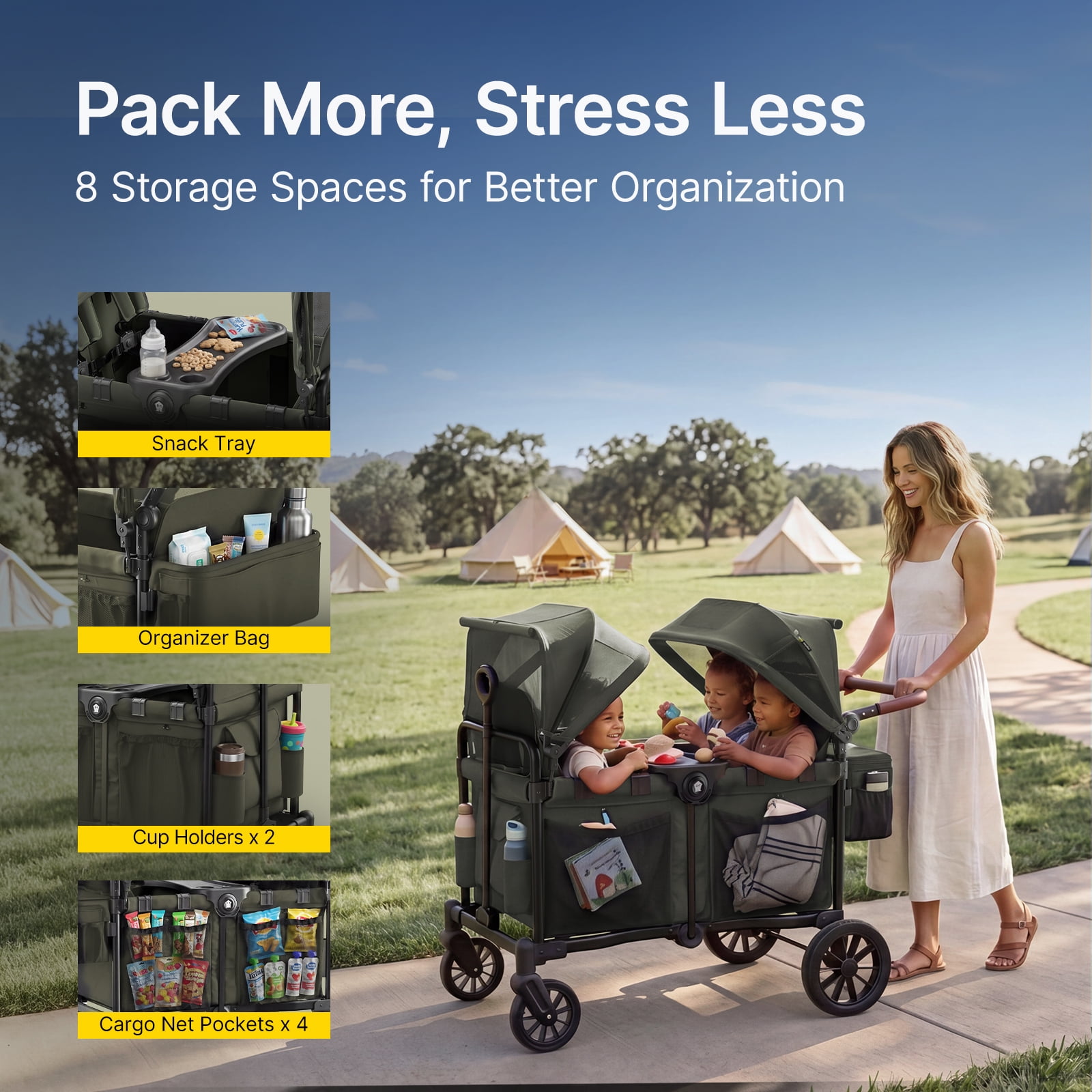 Mamazing 4-Seater Wagon Stroller for 4 Kids, All-Terrain Foldable Baby Stroller Wagon, Dual UPF 50+ Canopies, Push/Pull Handles, 5-Point Harnesses, Green - Image 4