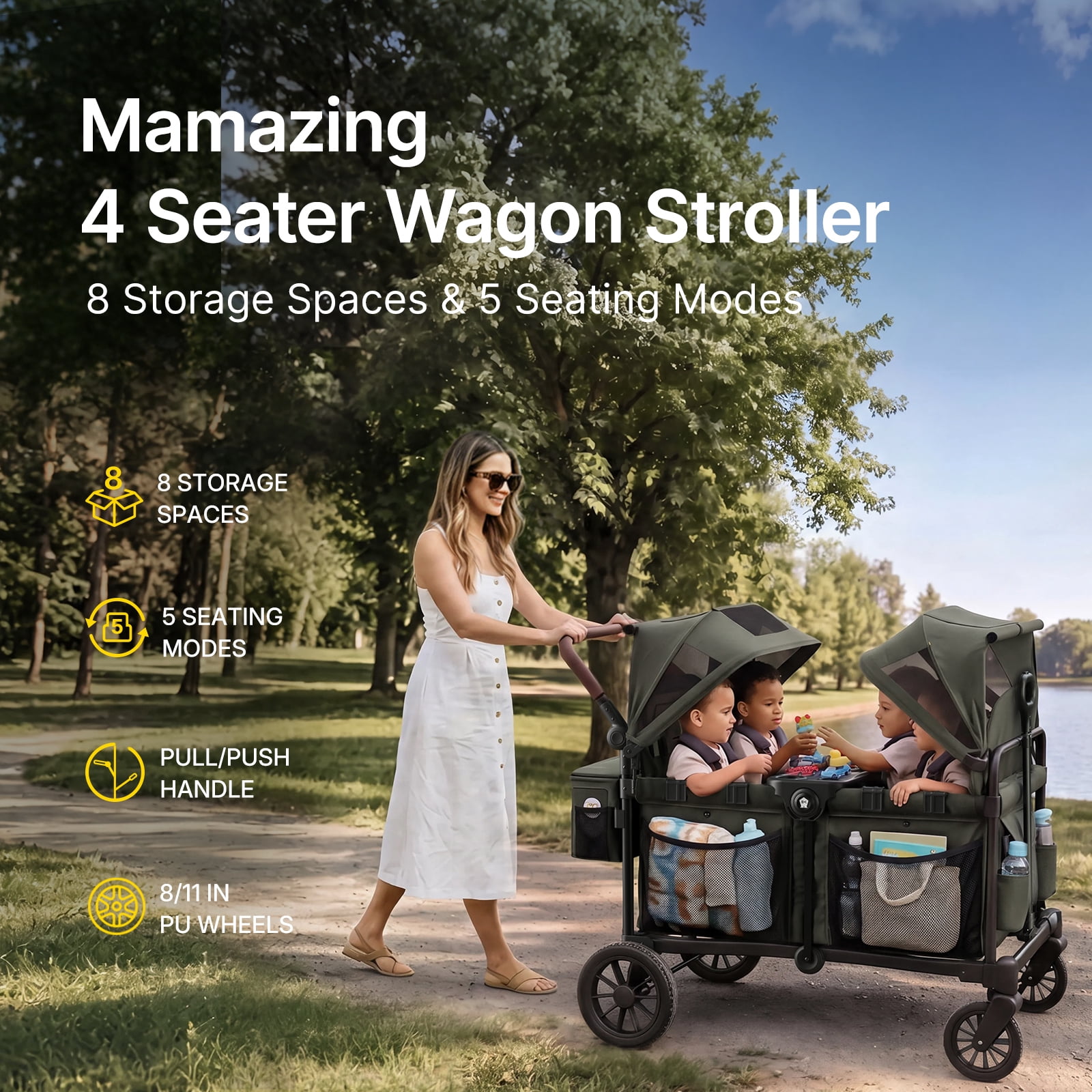 Mamazing 4-Seater Wagon Stroller for 4 Kids, All-Terrain Foldable Baby Stroller Wagon, Dual UPF 50+ Canopies, Push/Pull Handles, 5-Point Harnesses, Green - Image 2