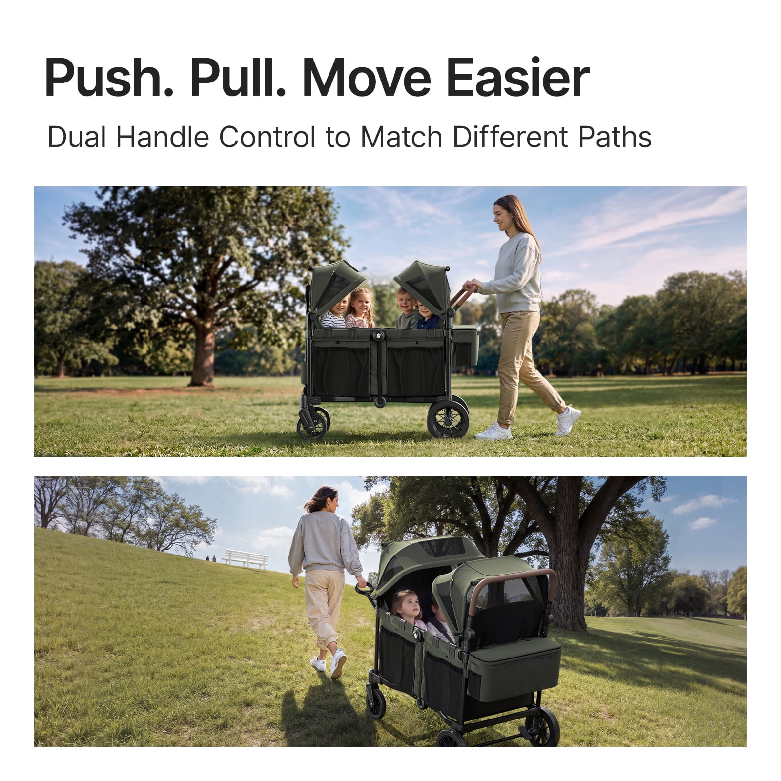 Mamazing 4-Seater Wagon Stroller for 4 Kids, All-Terrain Foldable Baby Stroller Wagon, Dual UPF 50+ Canopies, Push/Pull Handles, 5-Point Harnesses, Green - Image 5