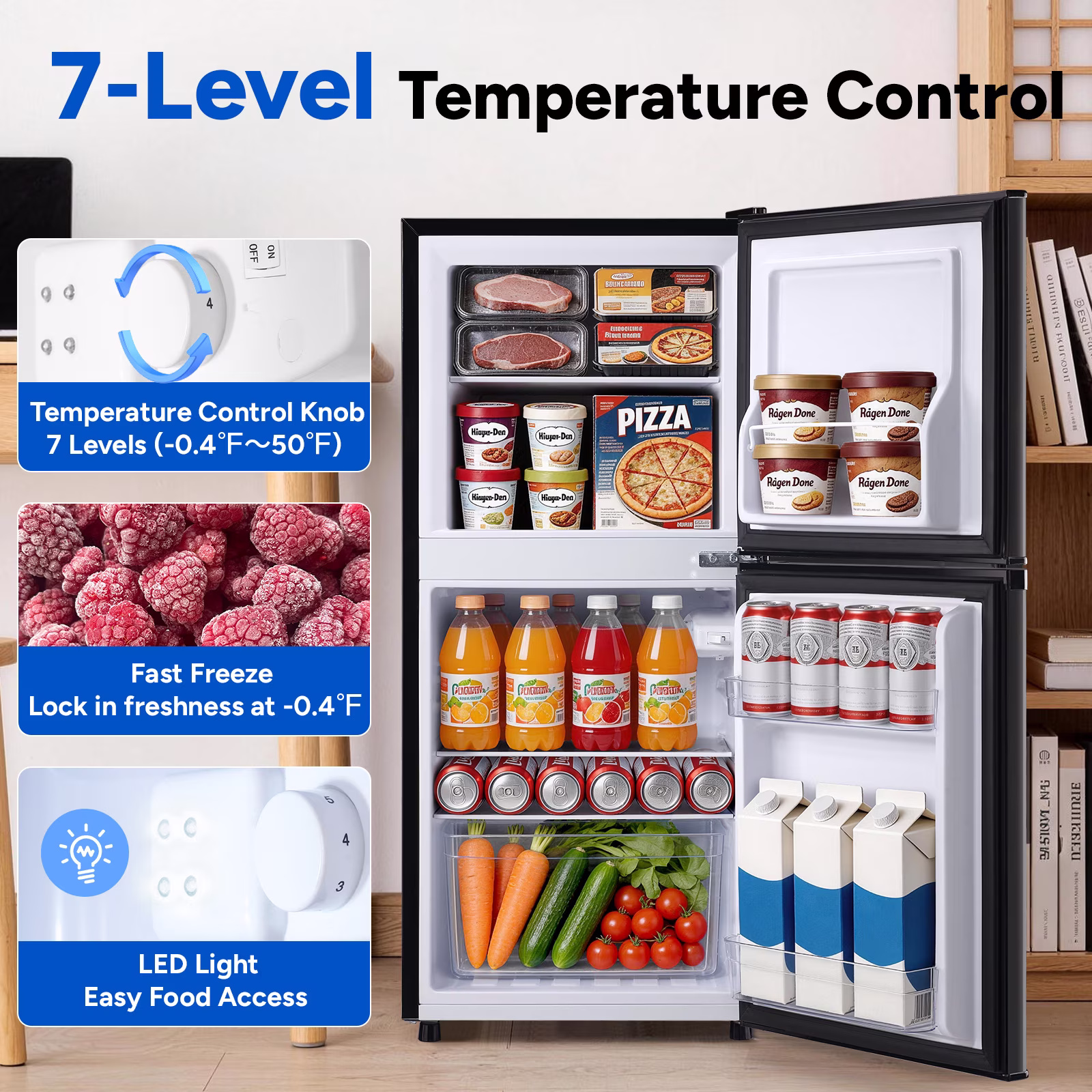 Mayoume 3.7 Cu.ft Refrigerators with Freezer, Small Refrigerator with 7 Temperature Control, LED Light, 2 Door, 2 Wheels, Apartment, Office, Black - Image 4