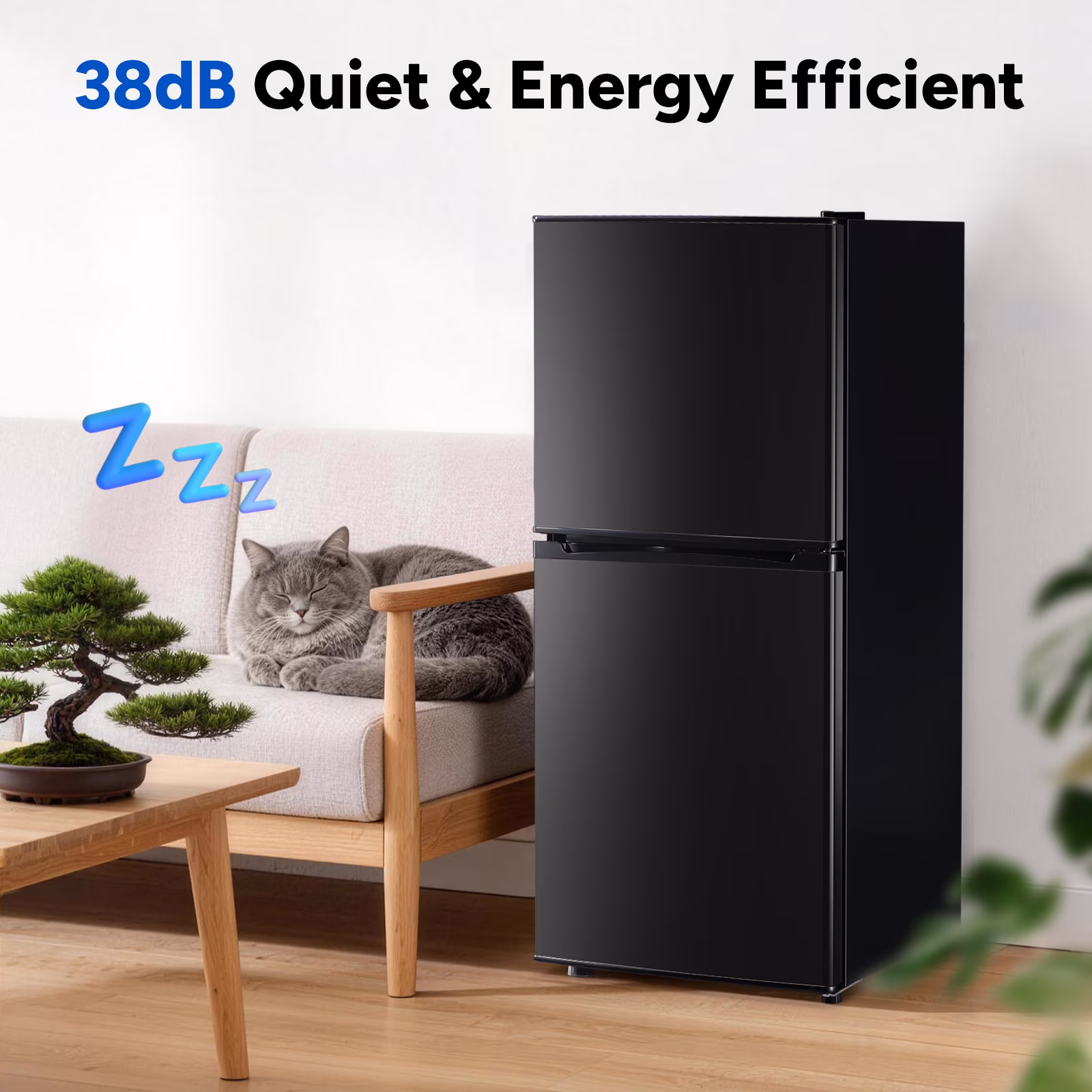Mayoume 3.7 Cu.ft Refrigerators with Freezer, Small Refrigerator with 7 Temperature Control, LED Light, 2 Door, 2 Wheels, Apartment, Office, Black - Image 2