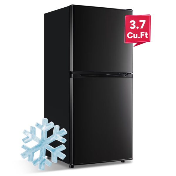 Mayoume 3.7 Cu.ft Refrigerators with Freezer, Small Refrigerator with 7 Temperature Control, LED Light, 2 Door, 2 Wheels, Apartment, Office, Black