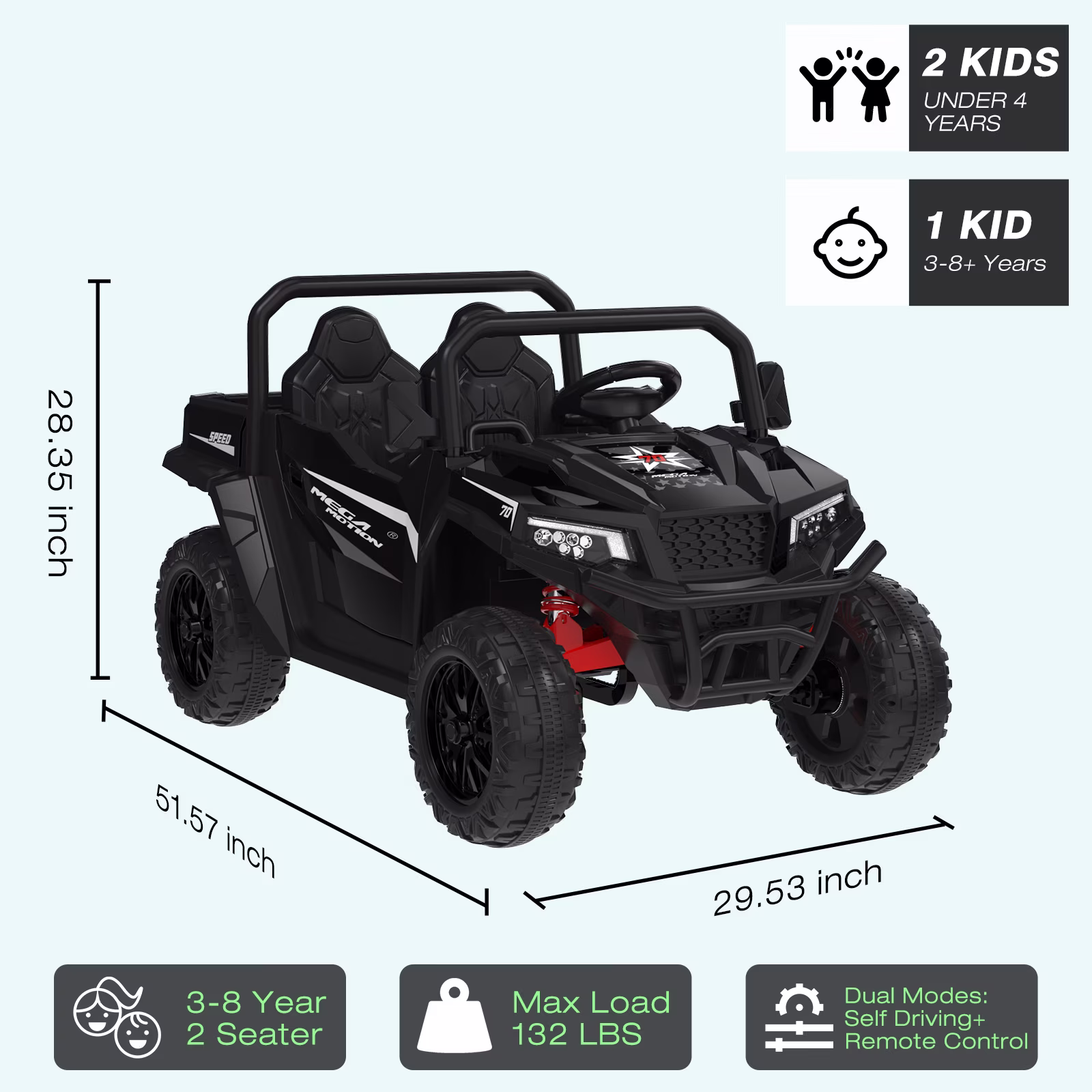 Mega Motion 24V Kids Electric Ride-On UTV Truck with 4WD, Dump Bed, 2 Seats, LED Lights, Music, Remote Control, Shovel, for Boys & Girls - Image 3