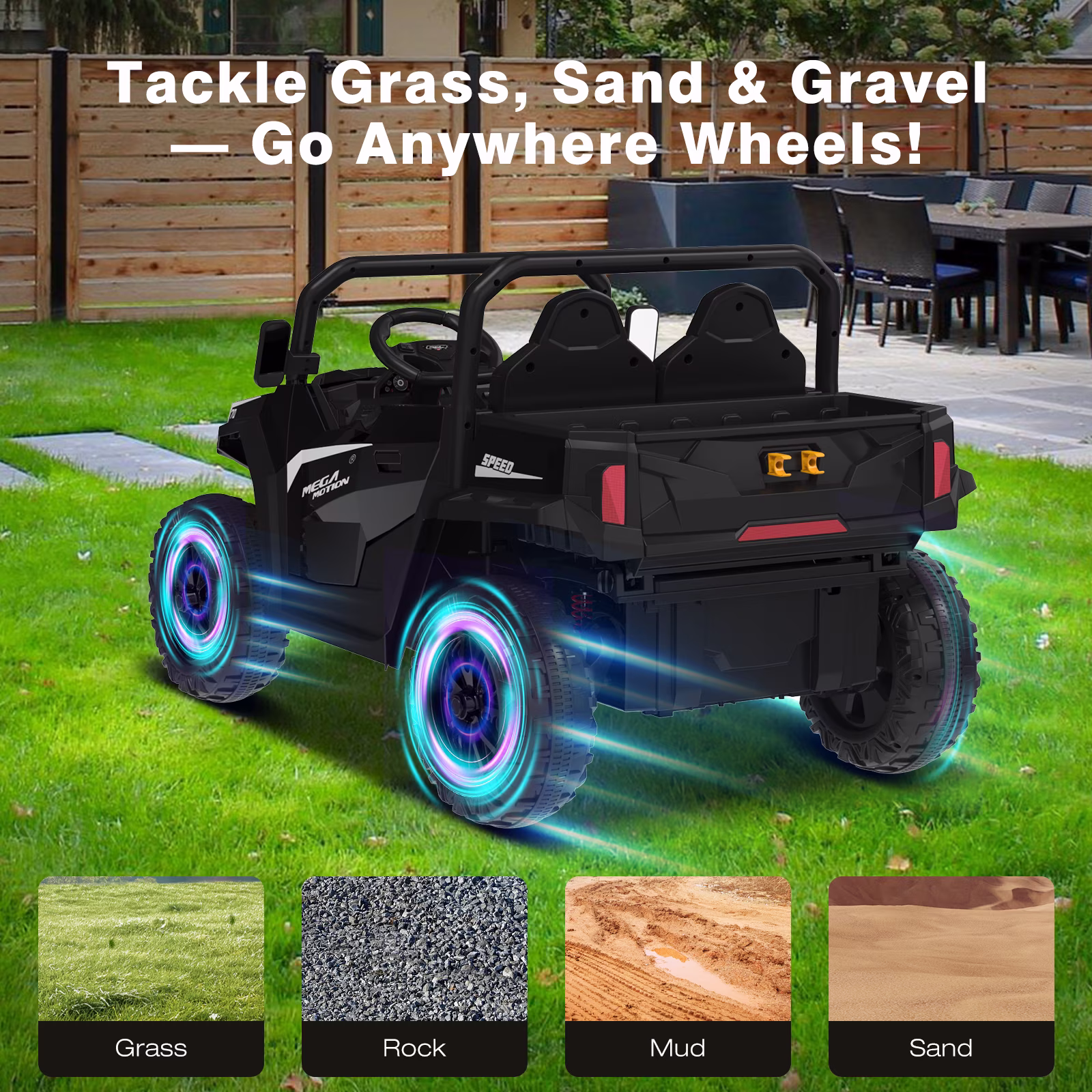 Mega Motion 24V Kids Electric Ride-On UTV Truck with 4WD, Dump Bed, 2 Seats, LED Lights, Music, Remote Control, Shovel, for Boys & Girls - Image 5