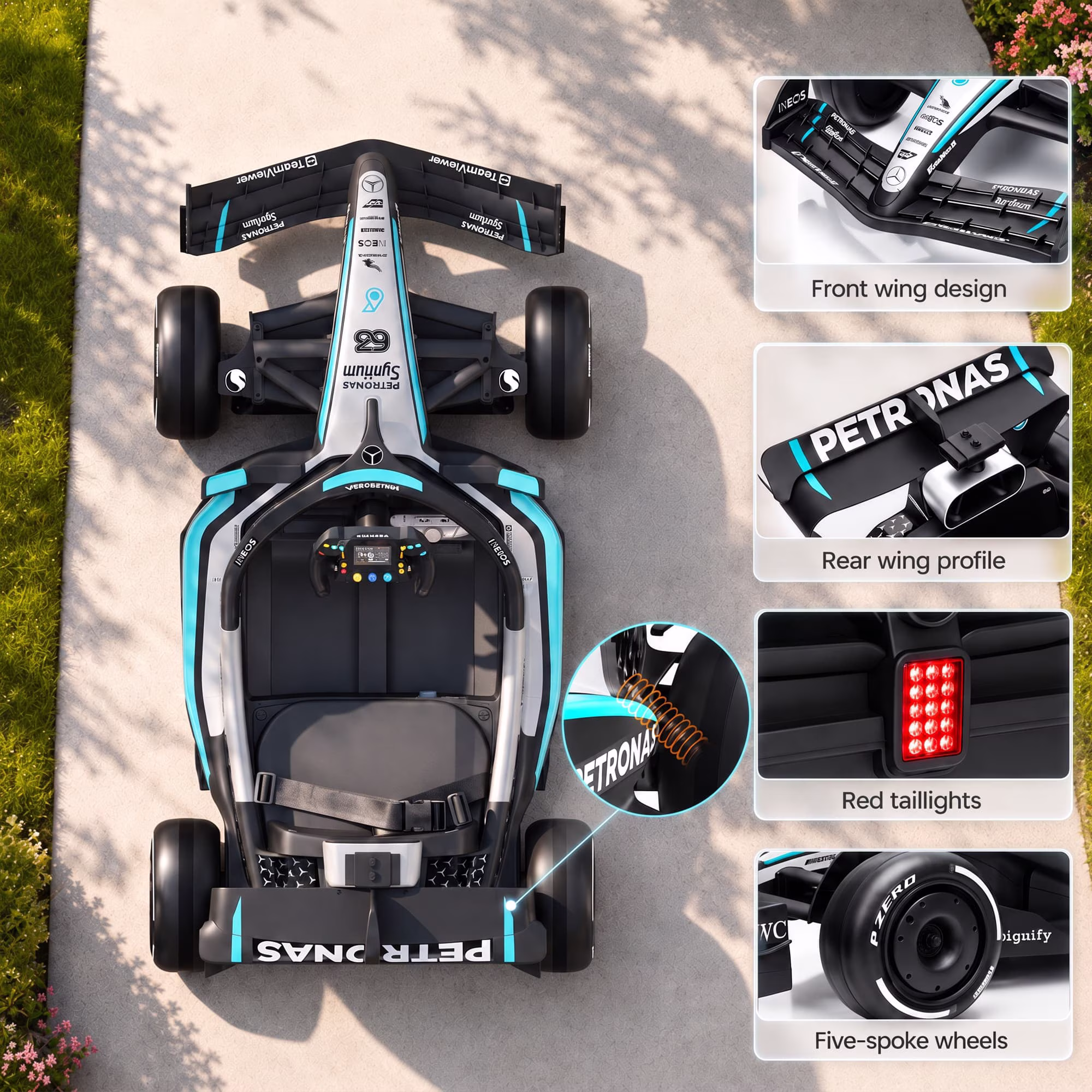 Mercedes-Benz F1 W16 24V Electric Go Kart, COCLUB Kids Ride on Car with Remote Contro, LED Light, Music, Bluetooth, for Ages 3 - Image 3