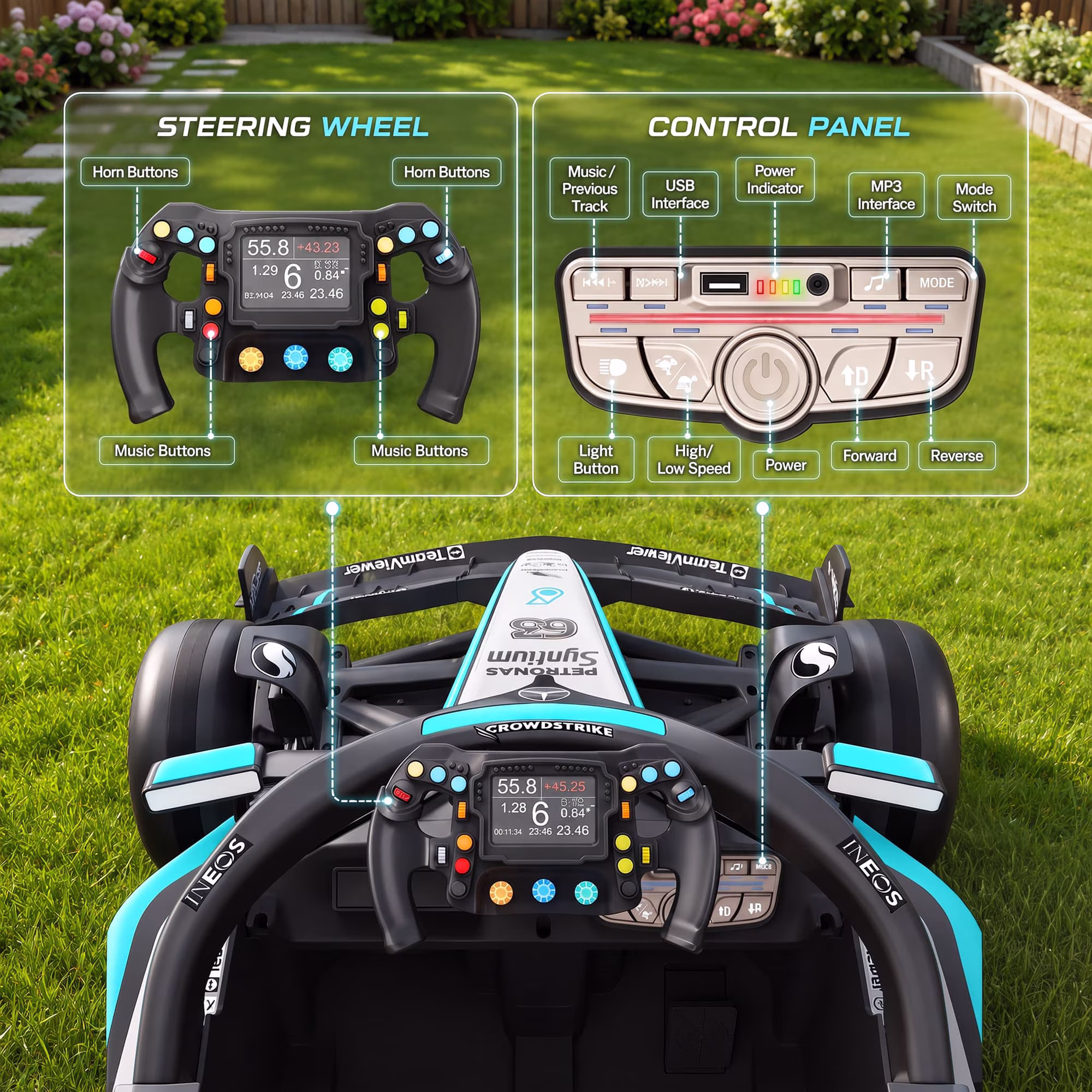 Mercedes-Benz F1 W16 24V Electric Go Kart, COCLUB Kids Ride on Car with Remote Contro, LED Light, Music, Bluetooth, for Ages 3 - Image 2