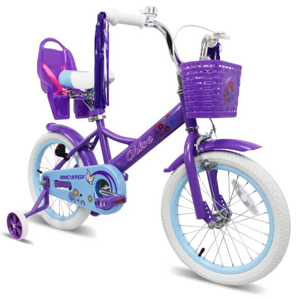 Micargi 16" inch Girl Kids Bike with Basket Girls with Training Wheels 4 5 6 7 Year Princess Toddler Purple
