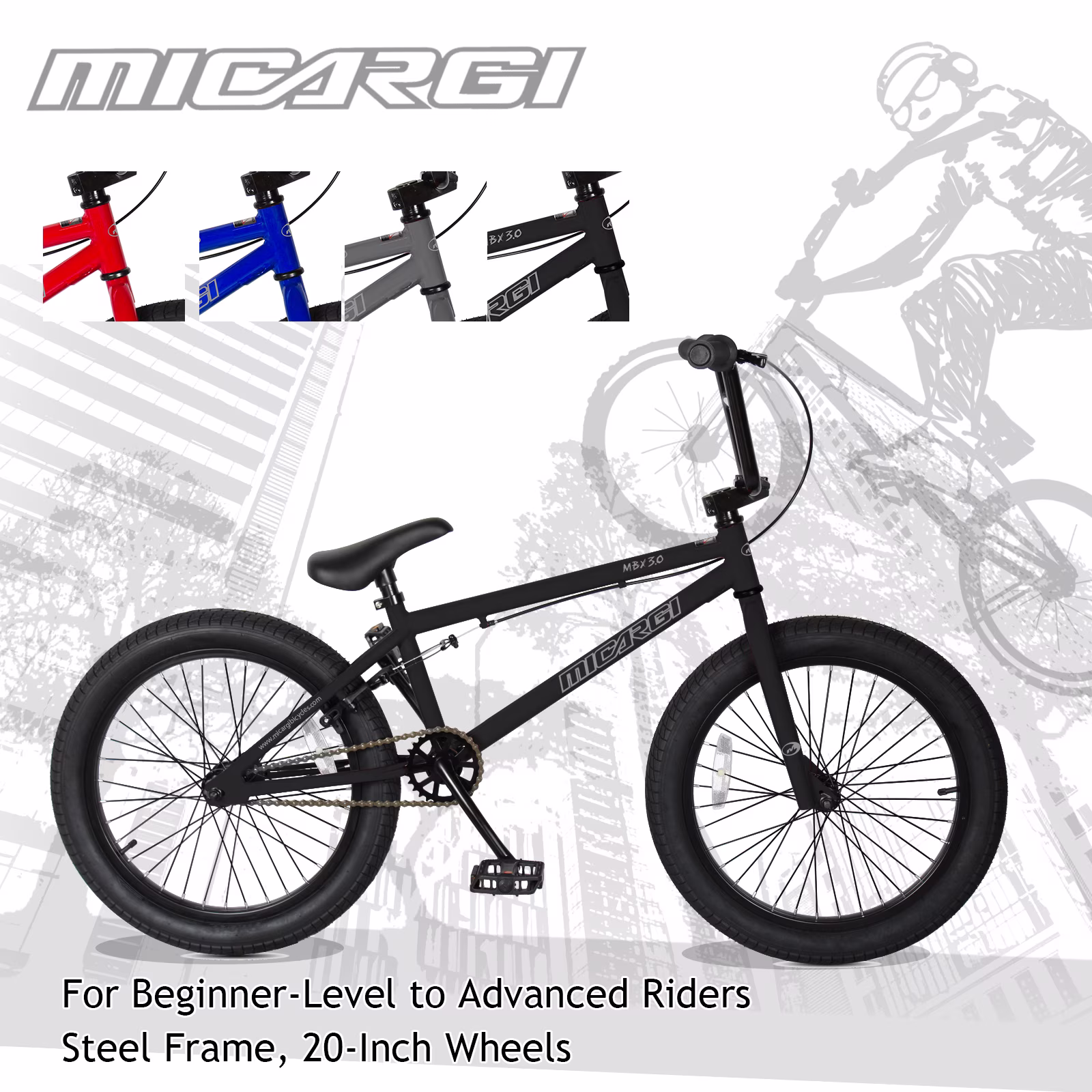 Micargi MBX 20" BMX Bicycle with Steel Frame and Alloy Rims Matte Black - Image 3