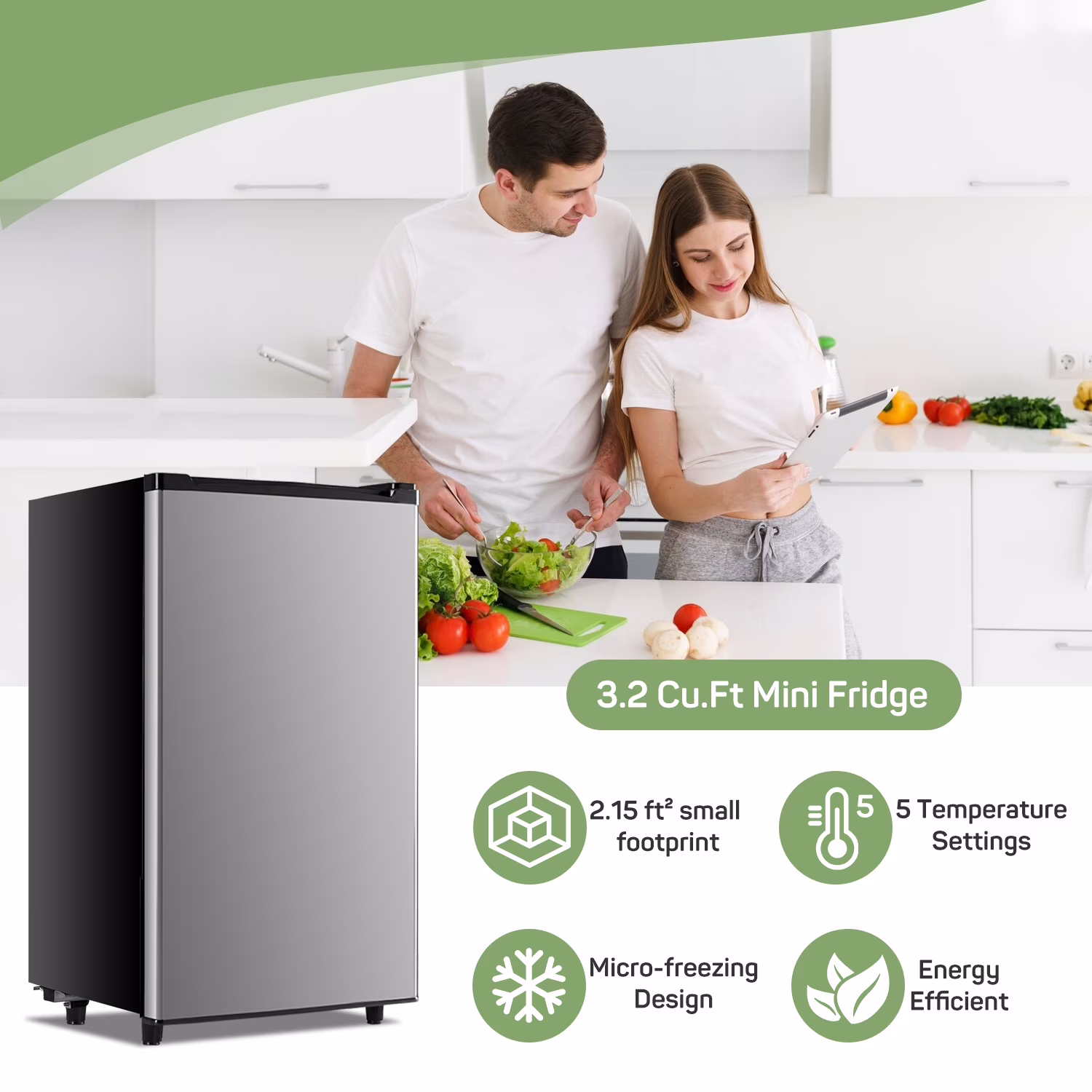 Mini Fridge 3.2 Cu. ft Single Door, 5 Star Efficient, Low Noise, 5 Adjustable Thermostat & Removable Glass Shelves, Silver - Image 4
