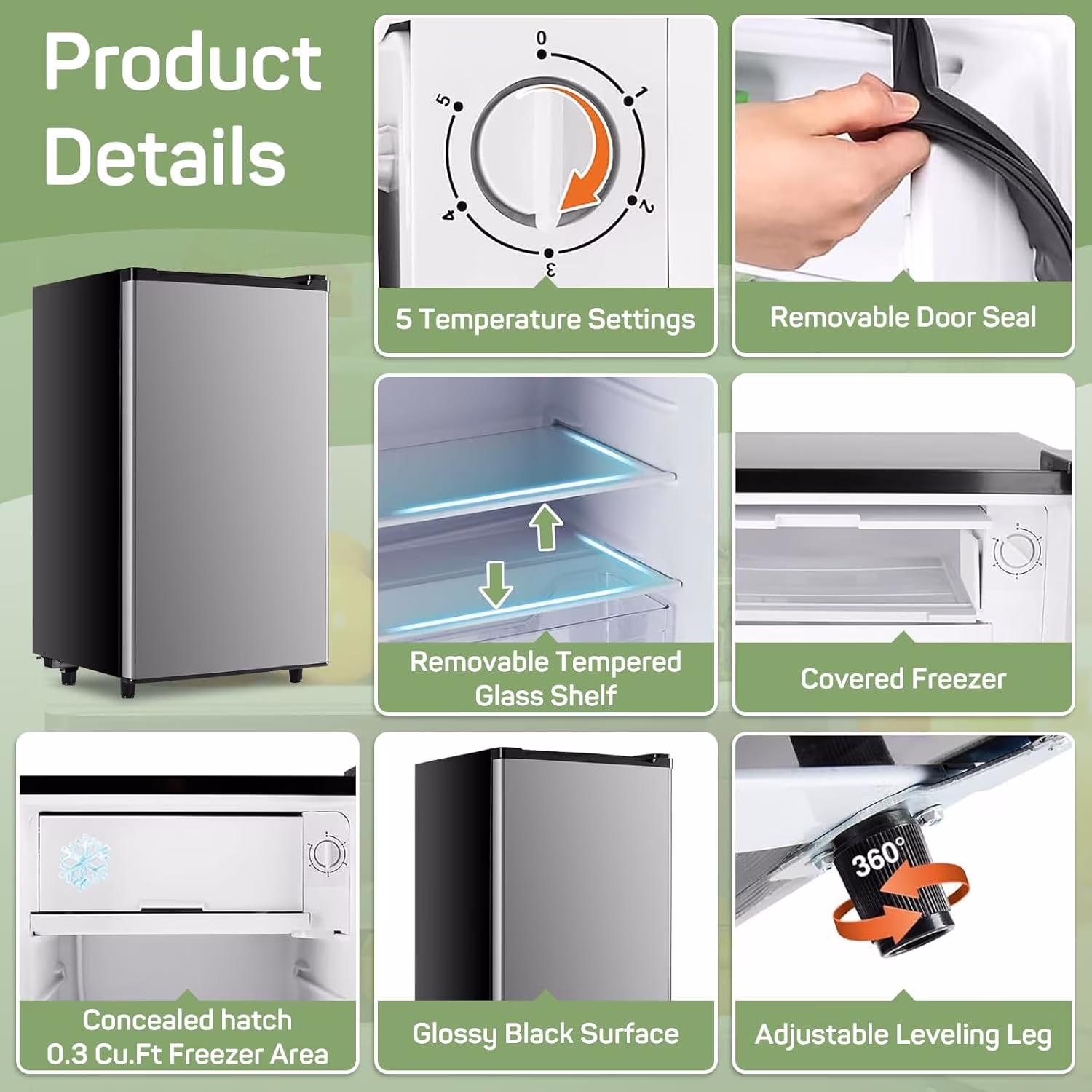 Mini Fridge 3.2 Cu. ft Single Door, 5 Star Efficient, Low Noise, 5 Adjustable Thermostat & Removable Glass Shelves, Silver - Image 5