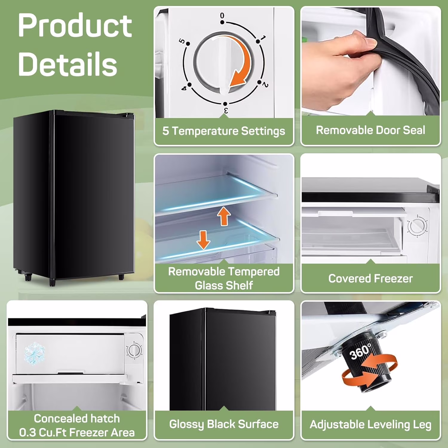 Mini Fridge for Bedroom 3.2 Cu.Ft Small Refrigerator with Freezer for Dorm Office, Compact Single Door Adjustable Thermostat Low Noise,Black - Image 2
