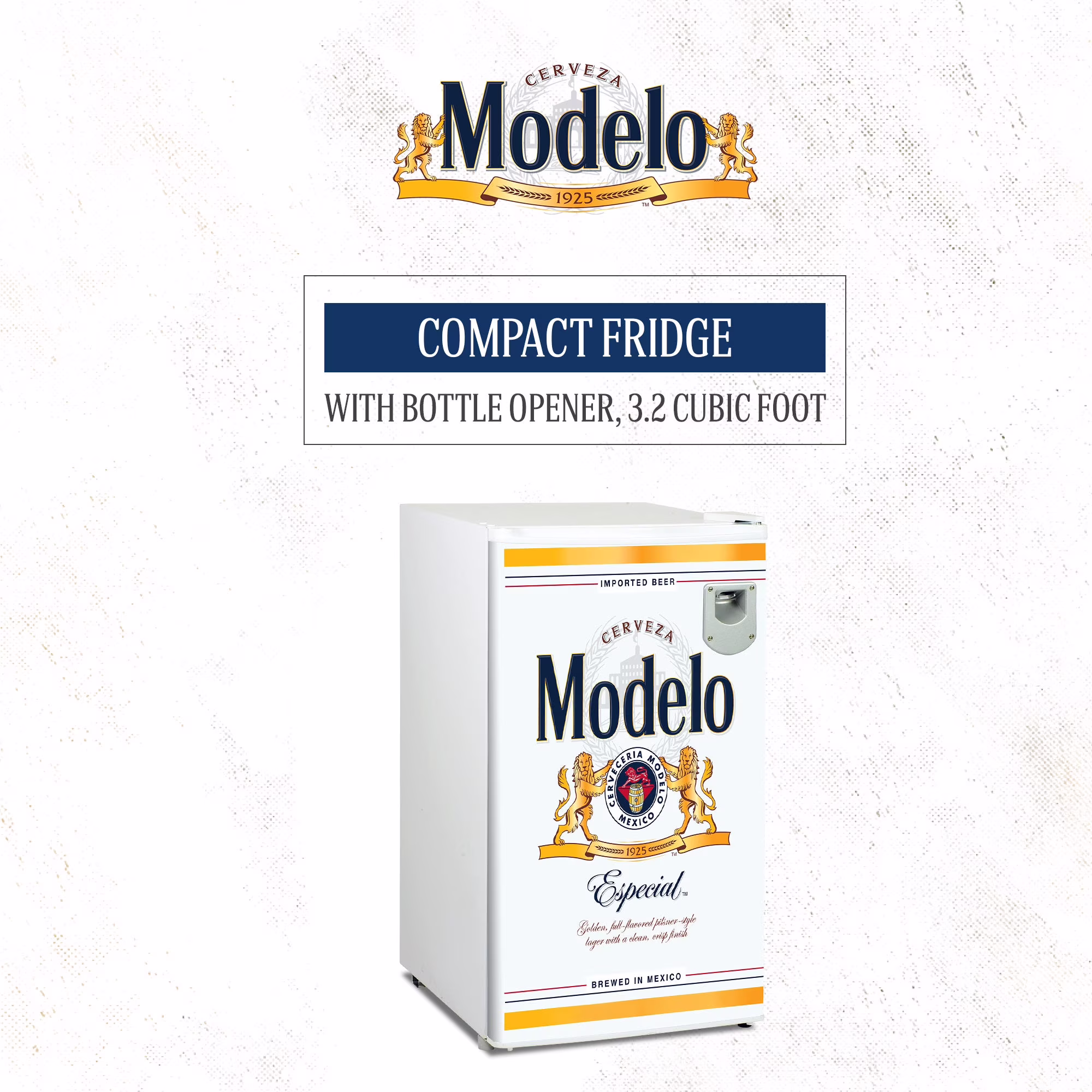 Modelo Compact Fridge w/ Bottle Opener, 3.2 cu ft (90L), White, Space-Saving Flat Back Design, Reversible Door, Tempered Glass Shelves, Licensed Modelo Artwork, Perfect for Beer-Lovers - Image 2