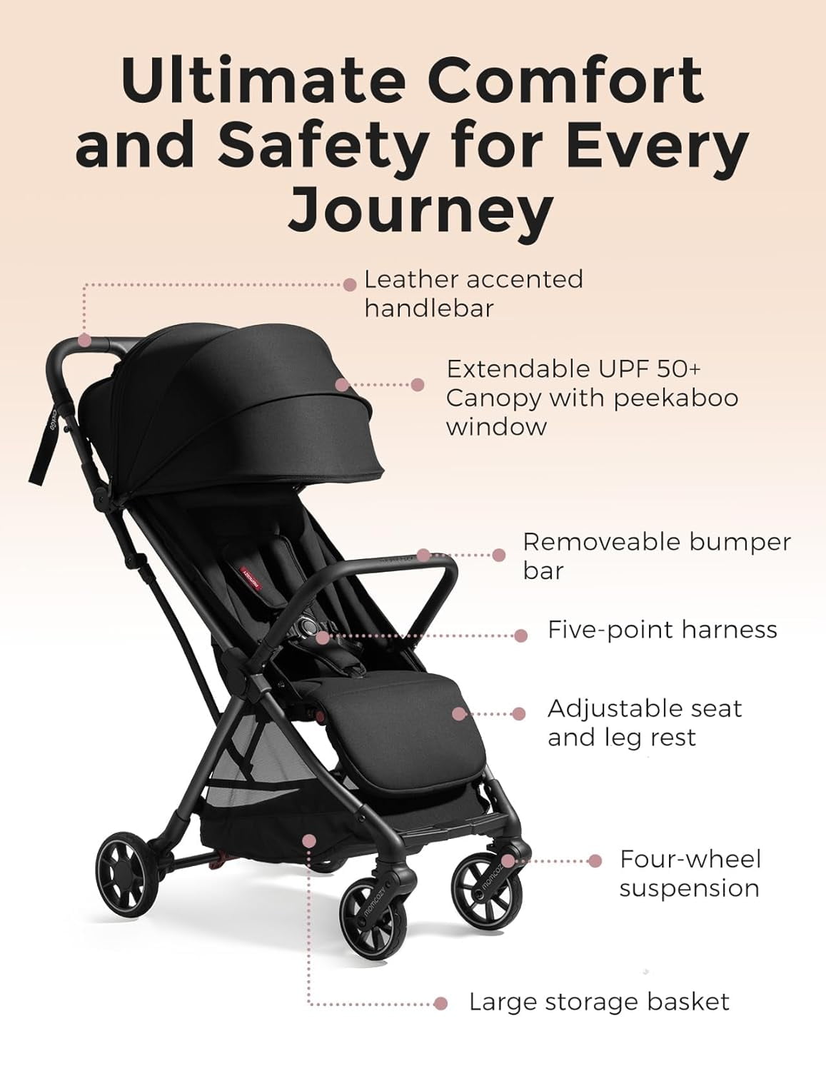 Momcozy ClickGo Lightweight Stroller, Compact Travel Stroller for Airplane with One-Click Fold, Baby Stroller and Toddler Stroller with Large Canopy for Kids from 6 Months to 50 Lbs - Image 3