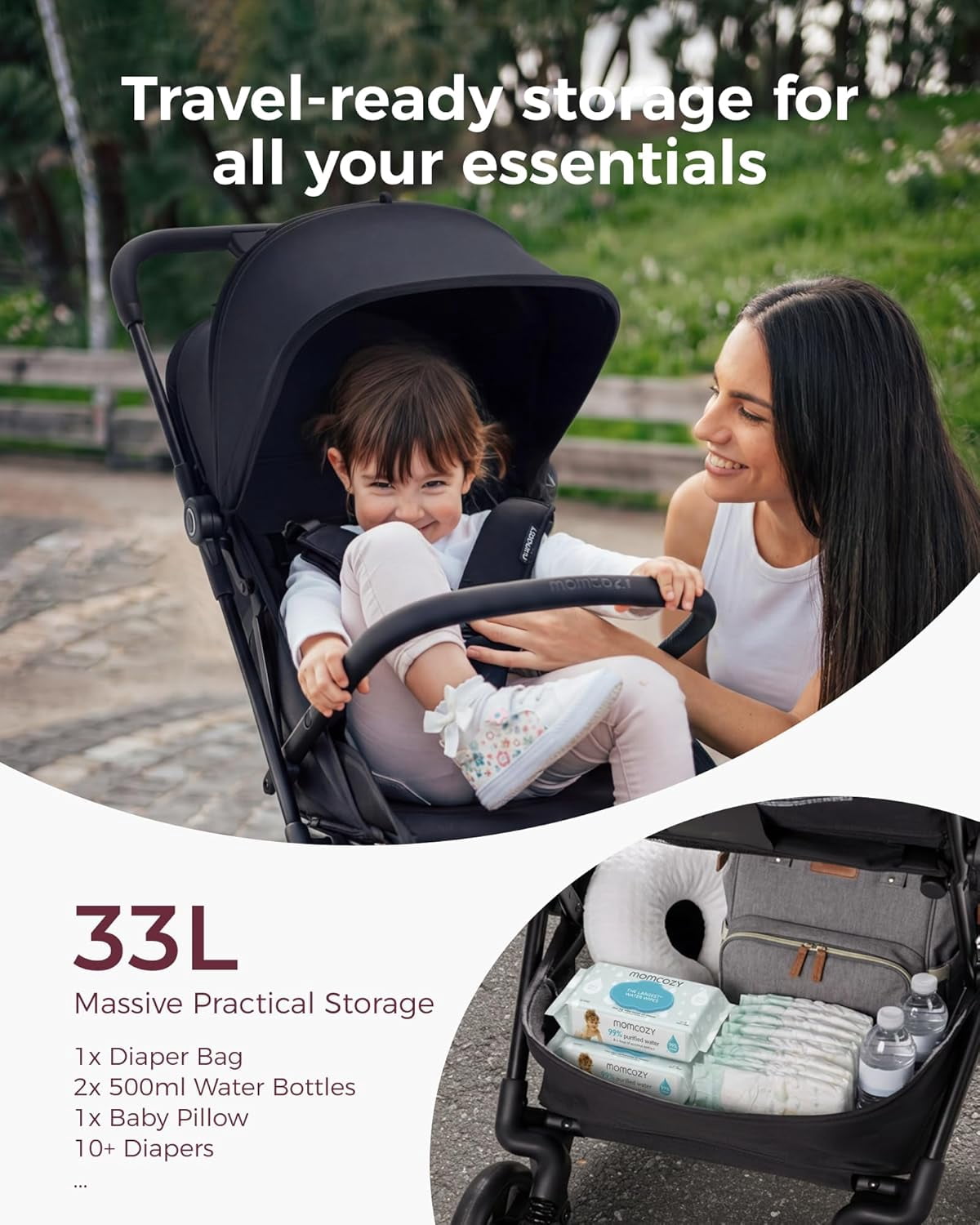 Momcozy Tuckgo Travel Stroller, Carry-On Compatible, Ultra Compact Stroller for Toddler, Reclining Seat, UPF 50+ Canopy, Adjustable Leg Rest, 33L Extra-Large Storage, Stroller Travel Bag Included - Image 3