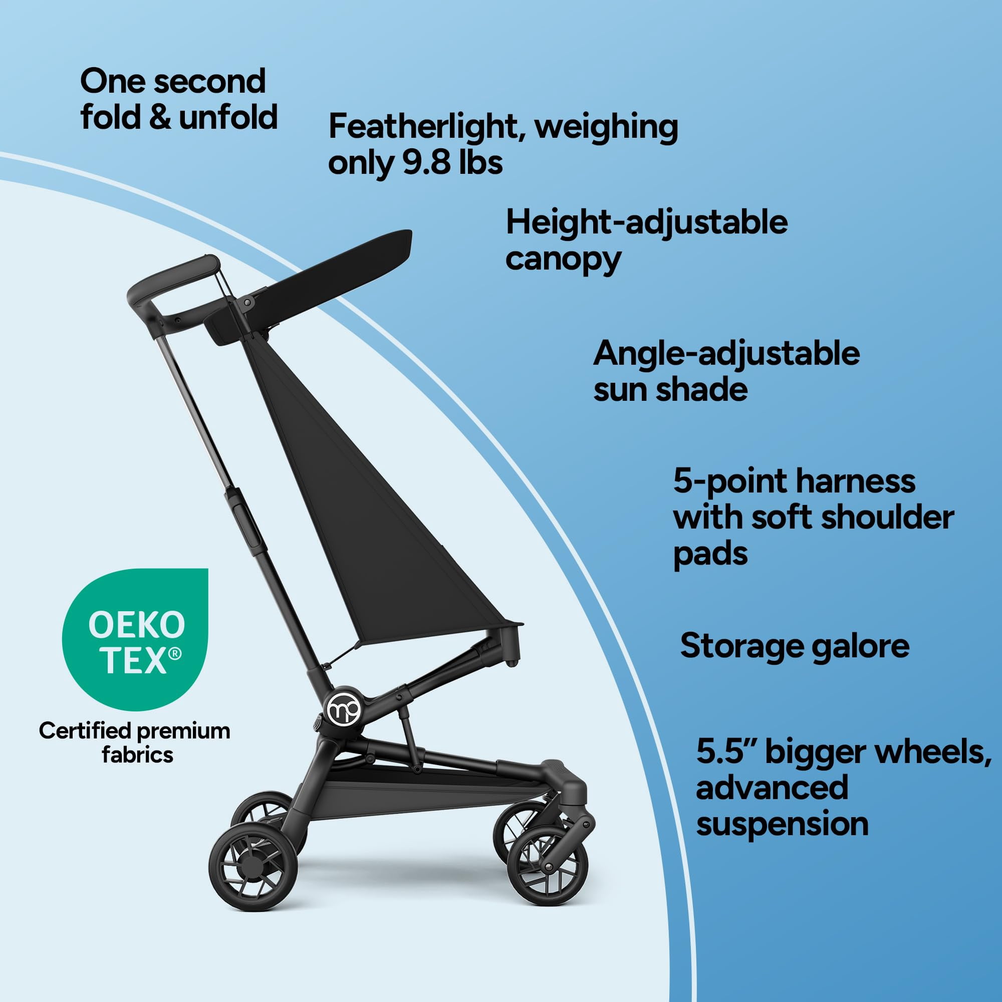 Mompush Jeto Lightweight Travel Stroller, Ultra-Compact One-Hand Fold, for Ages 6–36 Months, Black, 10.1LB, Unisex - Image 4