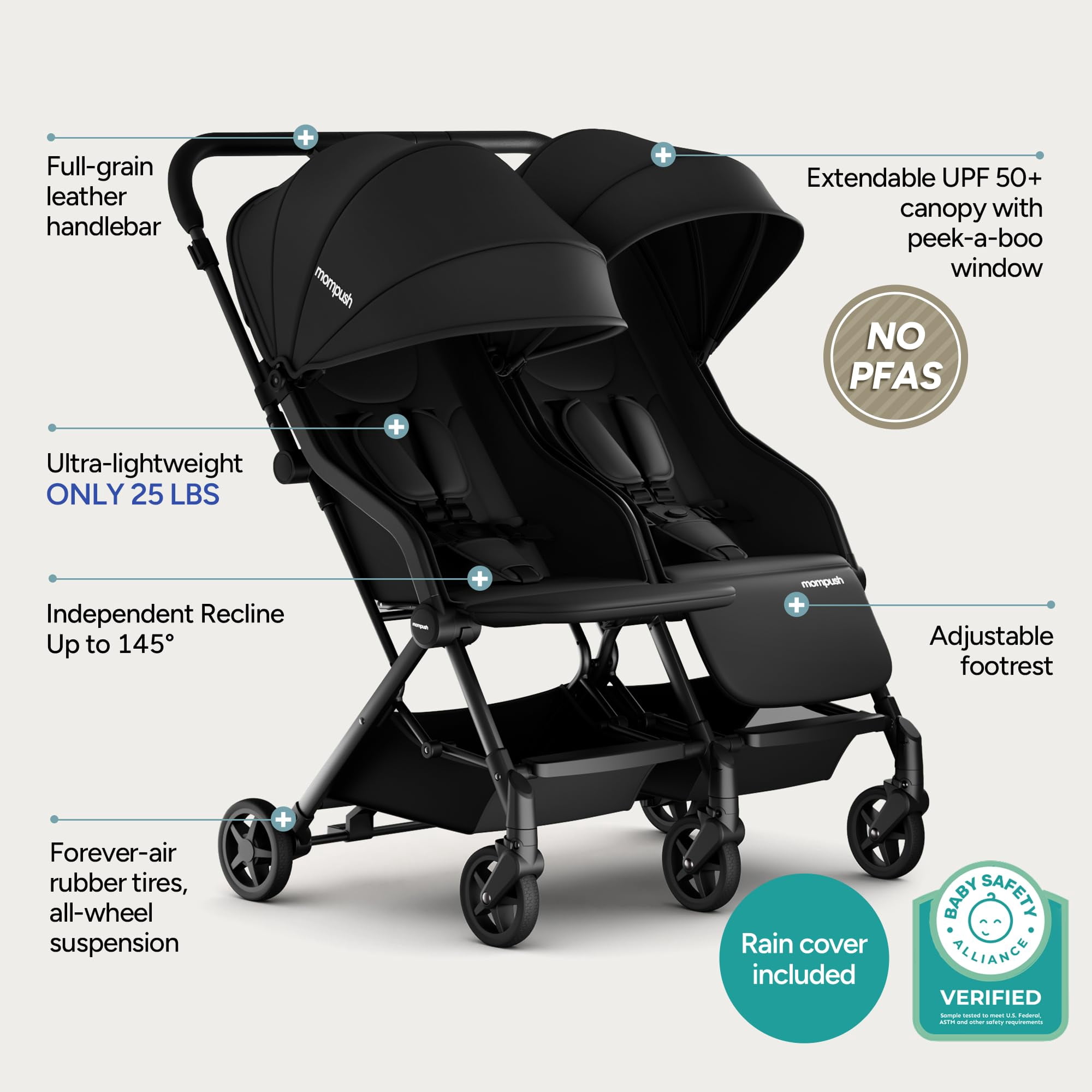 Mompush Lithe Double Stroller with Two Large Individual Side by Side Recline Seat, Black, 24.5LB, Unisex - Image 4