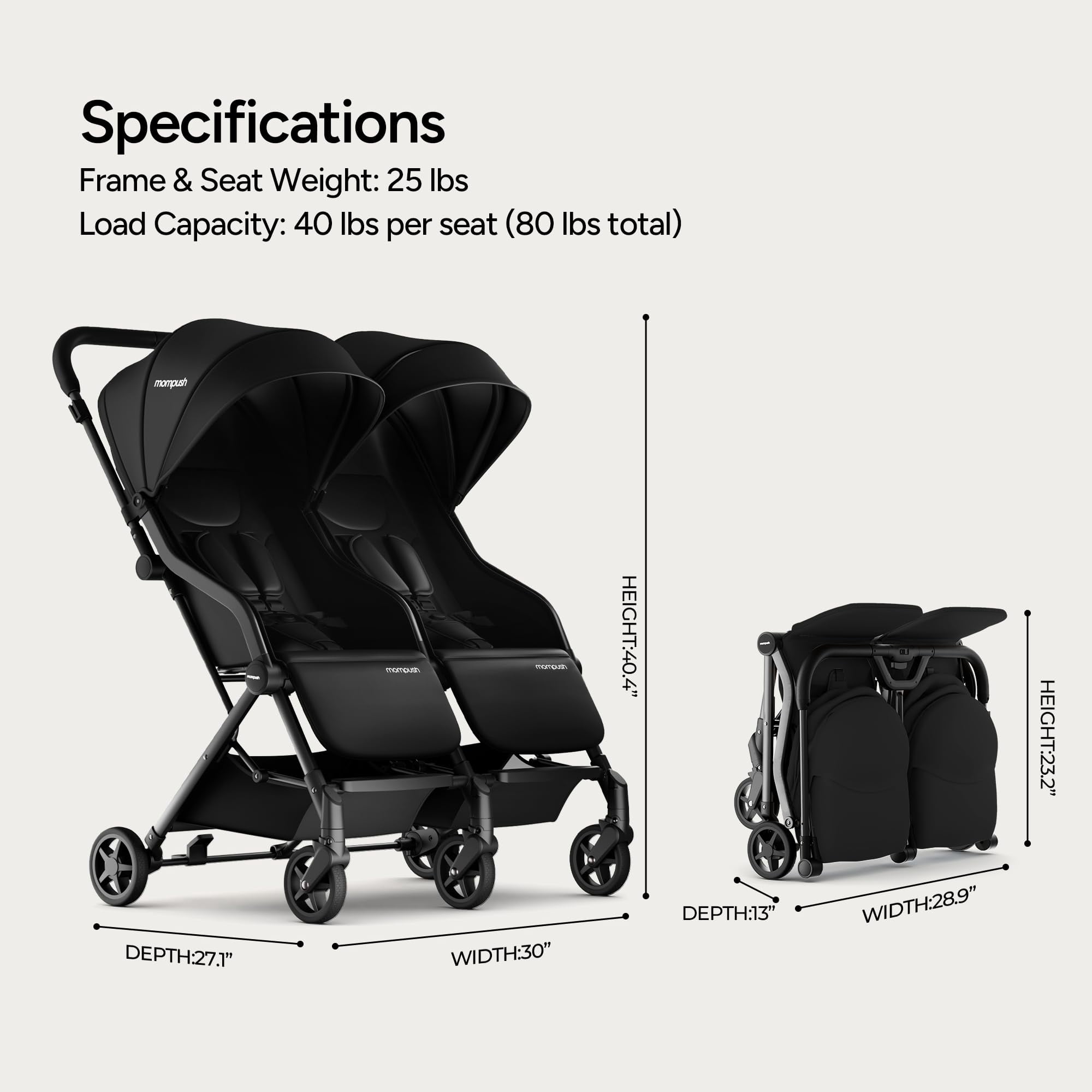 Mompush Lithe Double Stroller with Two Large Individual Side by Side Recline Seat, Black, 24.5LB, Unisex - Image 3
