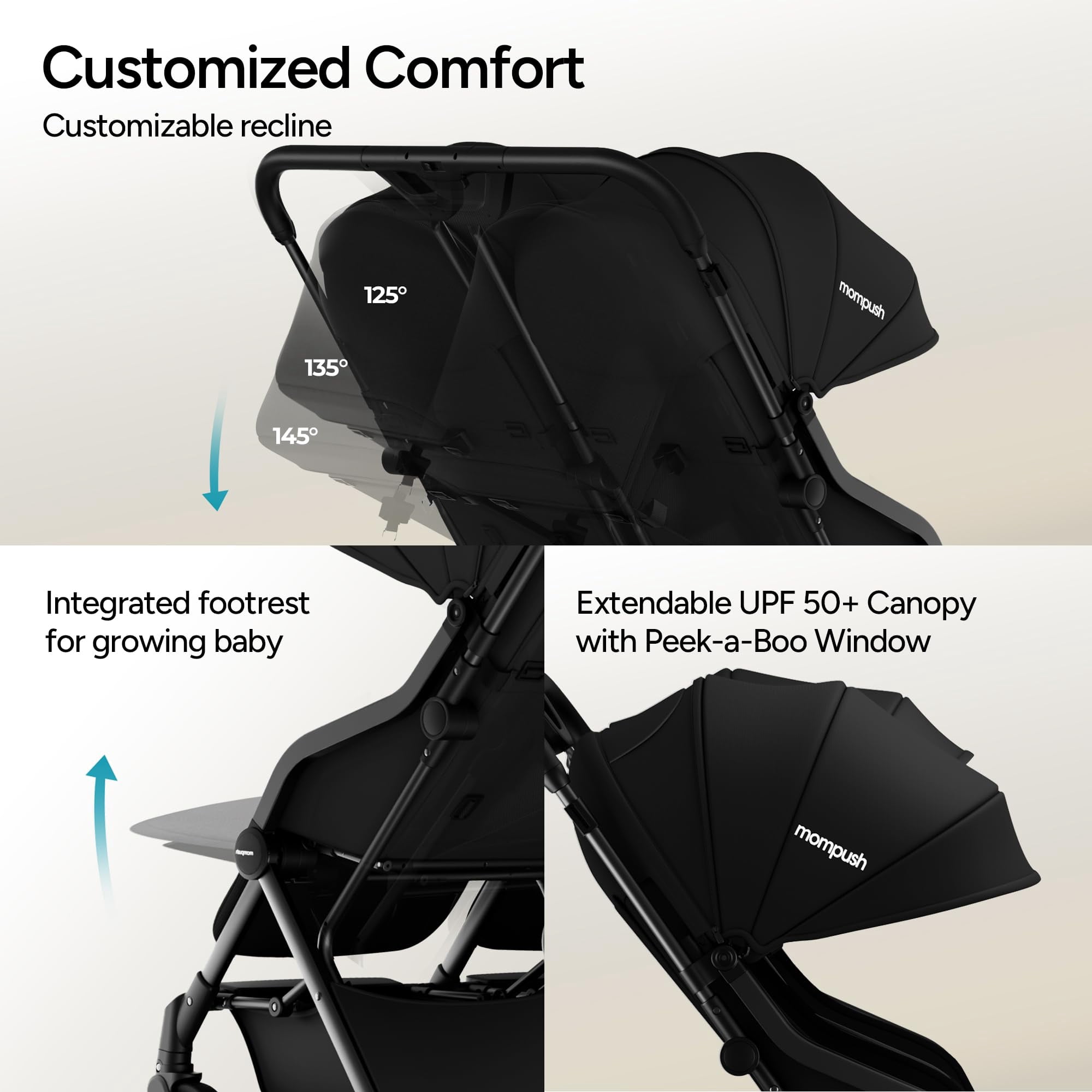 Mompush Lithe Double Stroller with Two Large Individual Side by Side Recline Seat, Black, 24.5LB, Unisex - Image 2