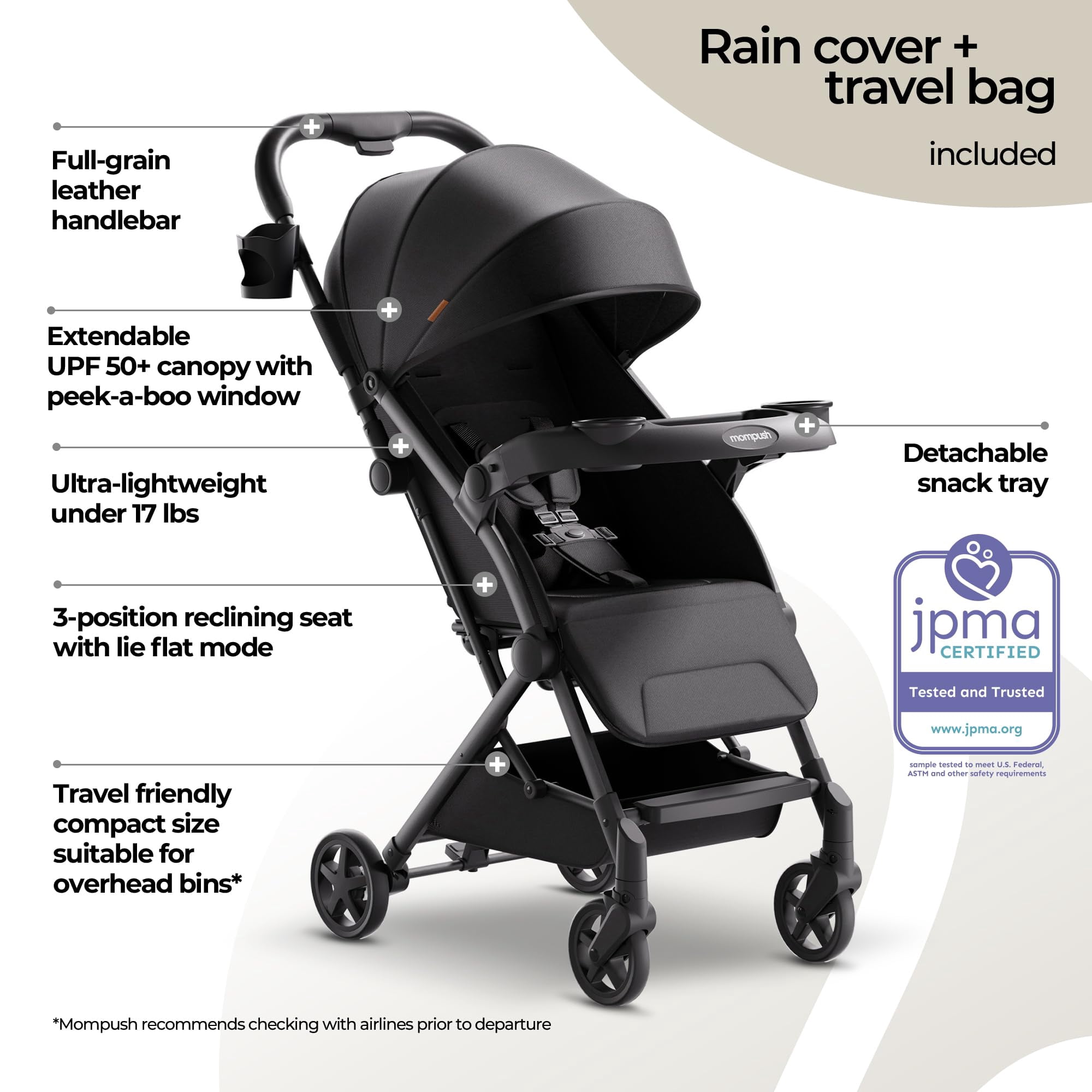 Mompush Lithe V2 Lightweight Stroller with Snack Tray, Newborn Nest Mode, Black, 17.3LB, Unisex - Image 3