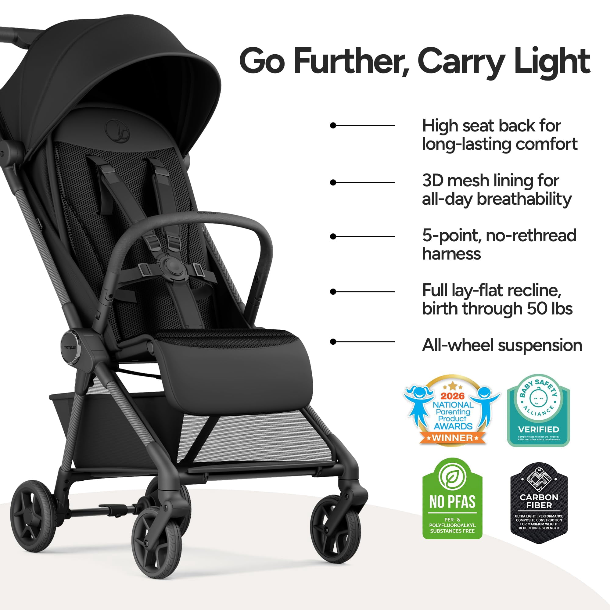 Mompush Nexis Carbon Ultra-Light Travel Stroller, Compact, Full Recline, from Birth to 50 lbs, Black, 13.9LB, Unisex - Image 5