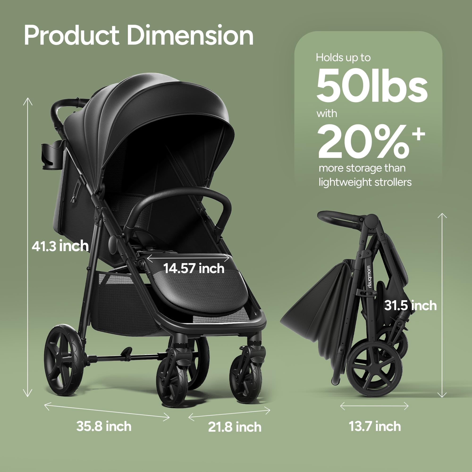Mompush Nova Baby Stroller, Spacious Seat, Extra-Large UPF 50+ Canopy, Black, 22LB, Unisex - Image 5