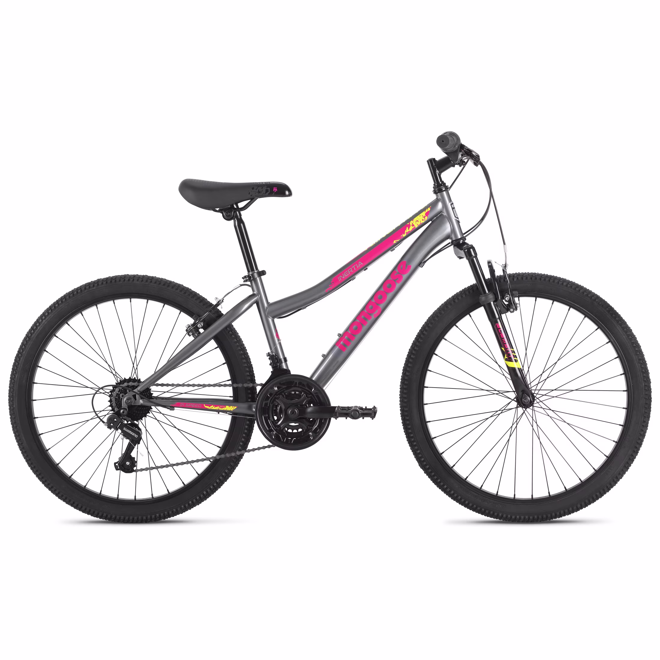 Mongoose Inertia Kids Mountain Bike, 24-Inch Wheels, 21 Speeds, Grey