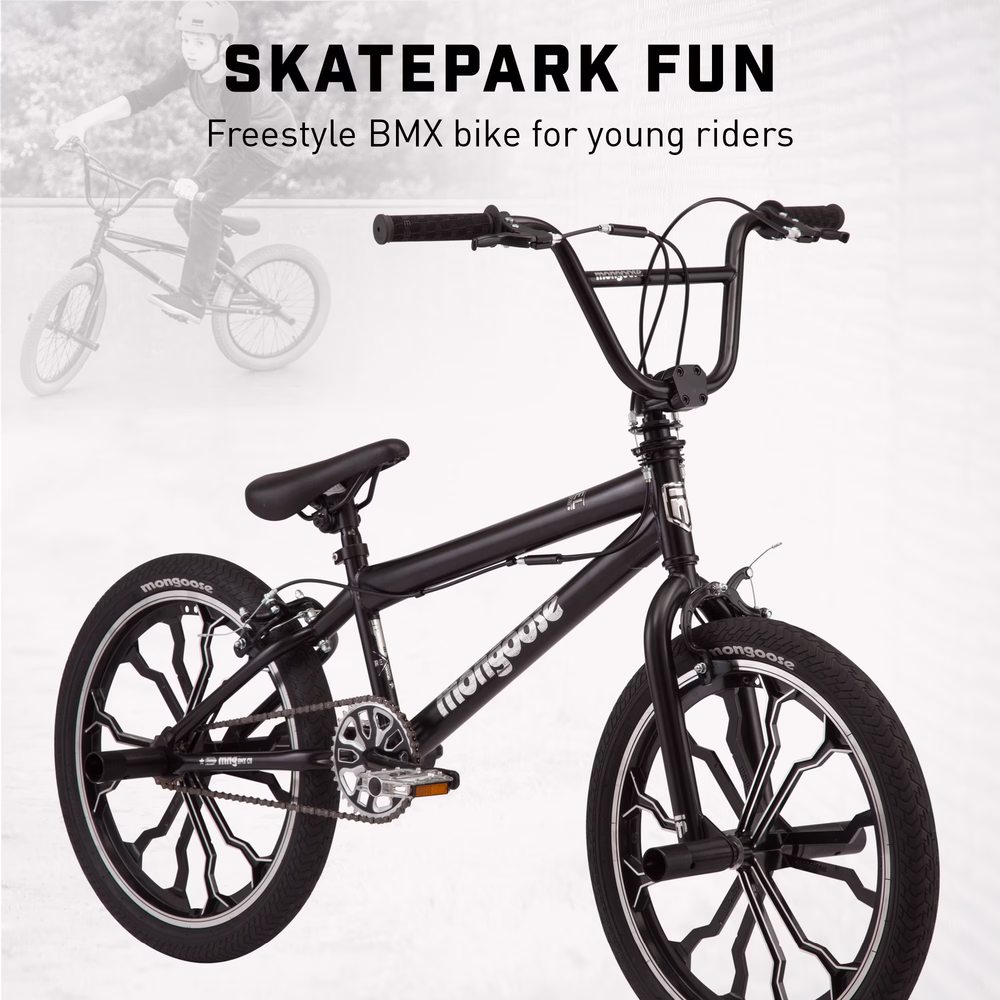 Mongoose Rebel Kids BMX Bike, 20-in. Wheels, Children & Tweens Ages 7-13, Black Bicycle - Image 5