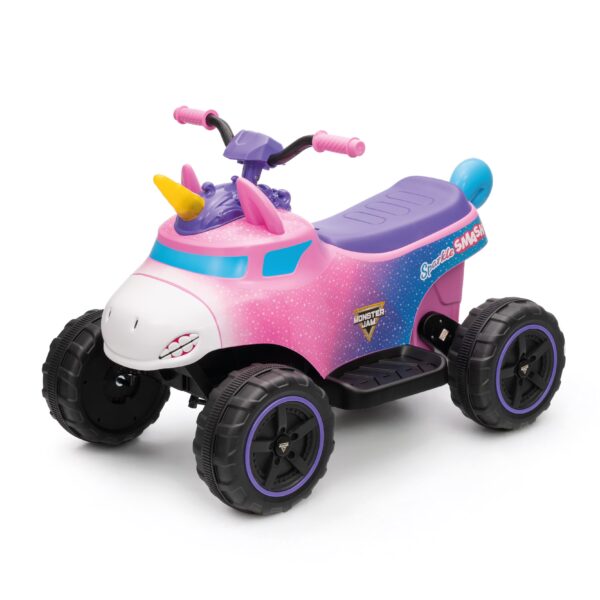 Monster Jam Sparkle Smash 12V Battery-Powered 1 Seat Ride-On ATV for Kids – Forward/Reverse Drive- 3.5 MPH, Rugged Wheels, Unicorn Design with Lights & Sounds