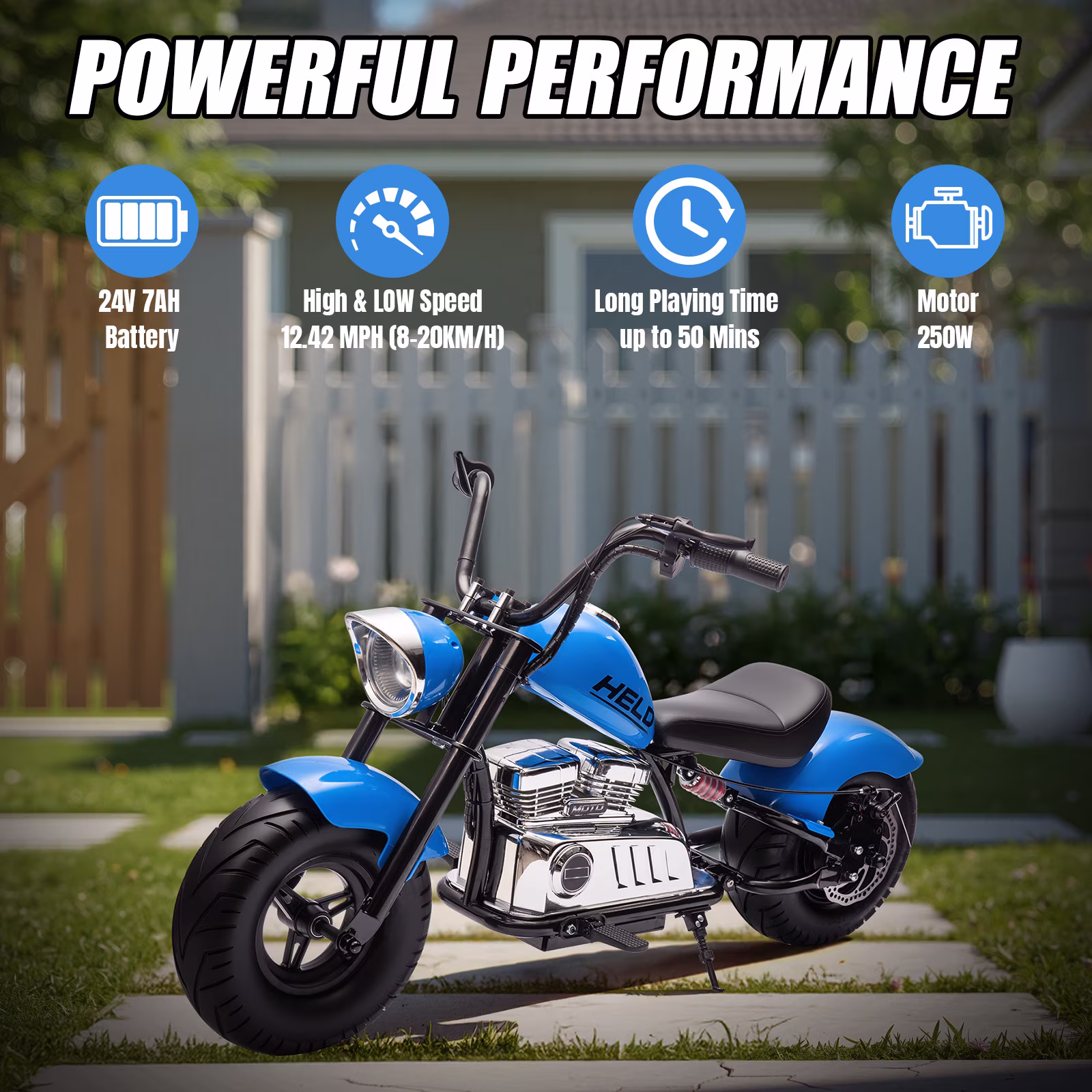 MUKIDY 24V Electric Motorcycle for Kids, 250W Ride on Motorcycle with Twist Grip Throttle, Key Start, Music, Speed up to 12.4 mph, Age 8+, Blue - Image 2