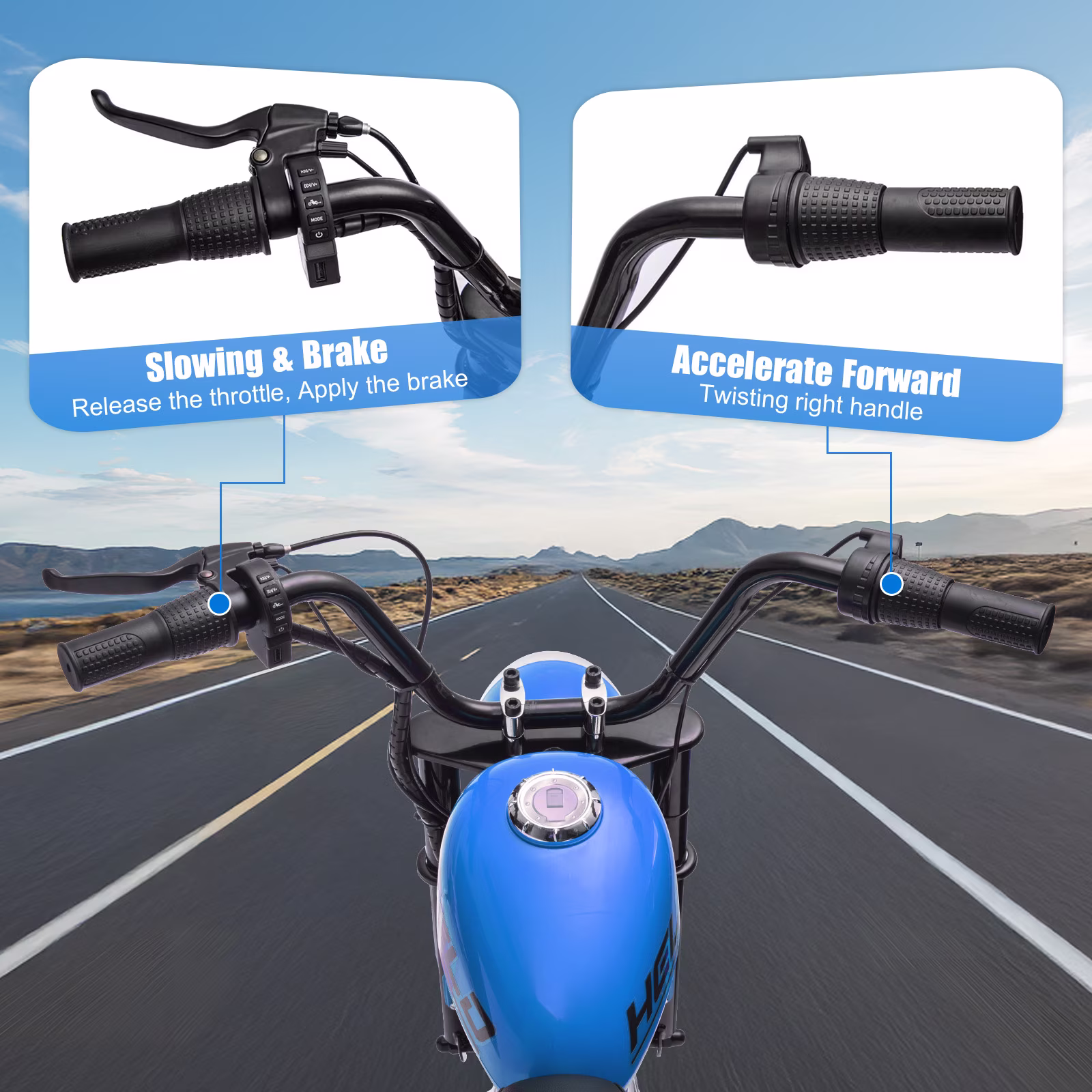 MUKIDY 24V Electric Motorcycle for Kids, 250W Ride on Motorcycle with Twist Grip Throttle, Key Start, Music, Speed up to 12.4 mph, Age 8+, Blue - Image 4