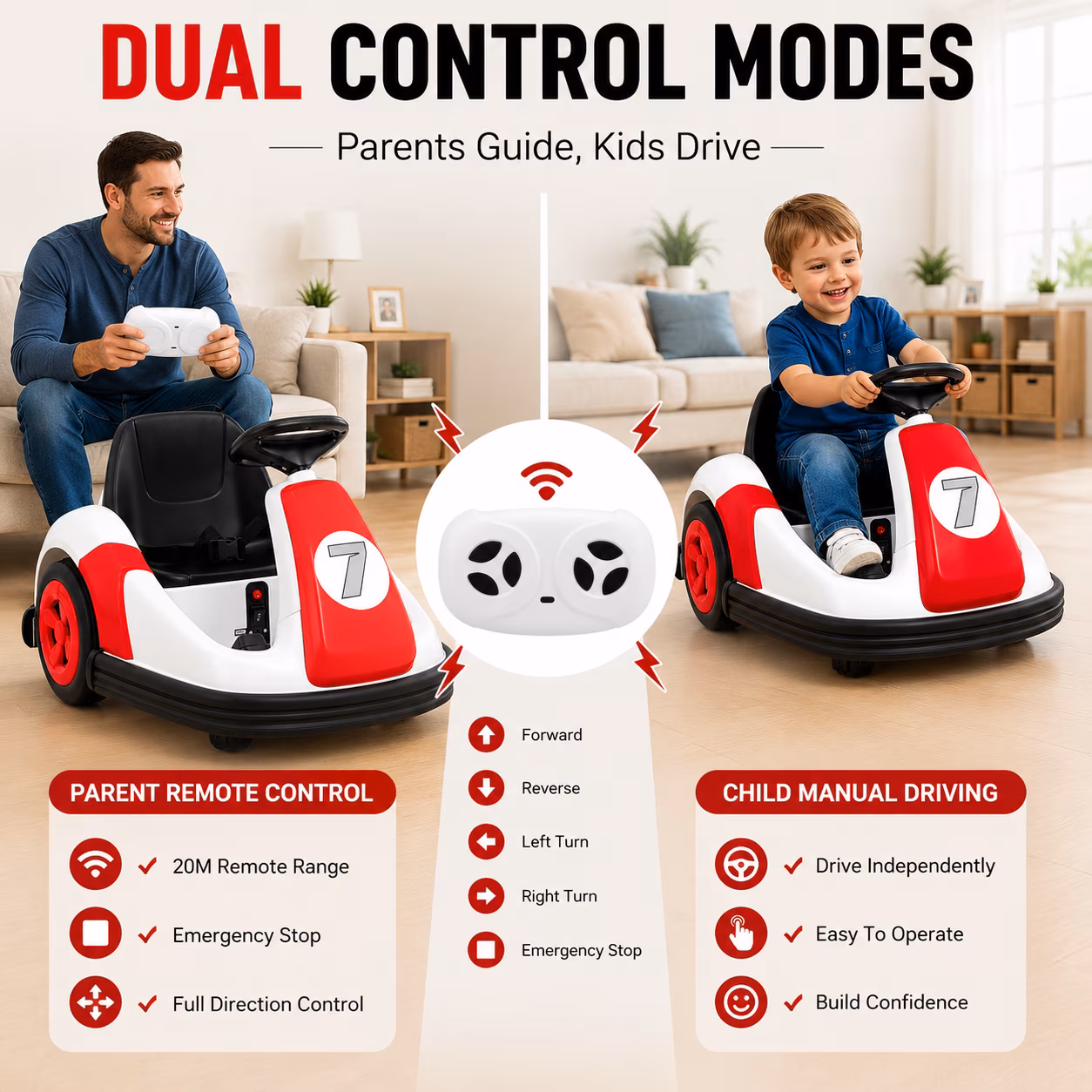 Neche 12V Electric Bumper Car for Toddlers, 2.2 mph Ride On Toy with Remote Control, 360° Spin, Bluetooth Music, LED Lights, DIY Stickers, Red - Image 5