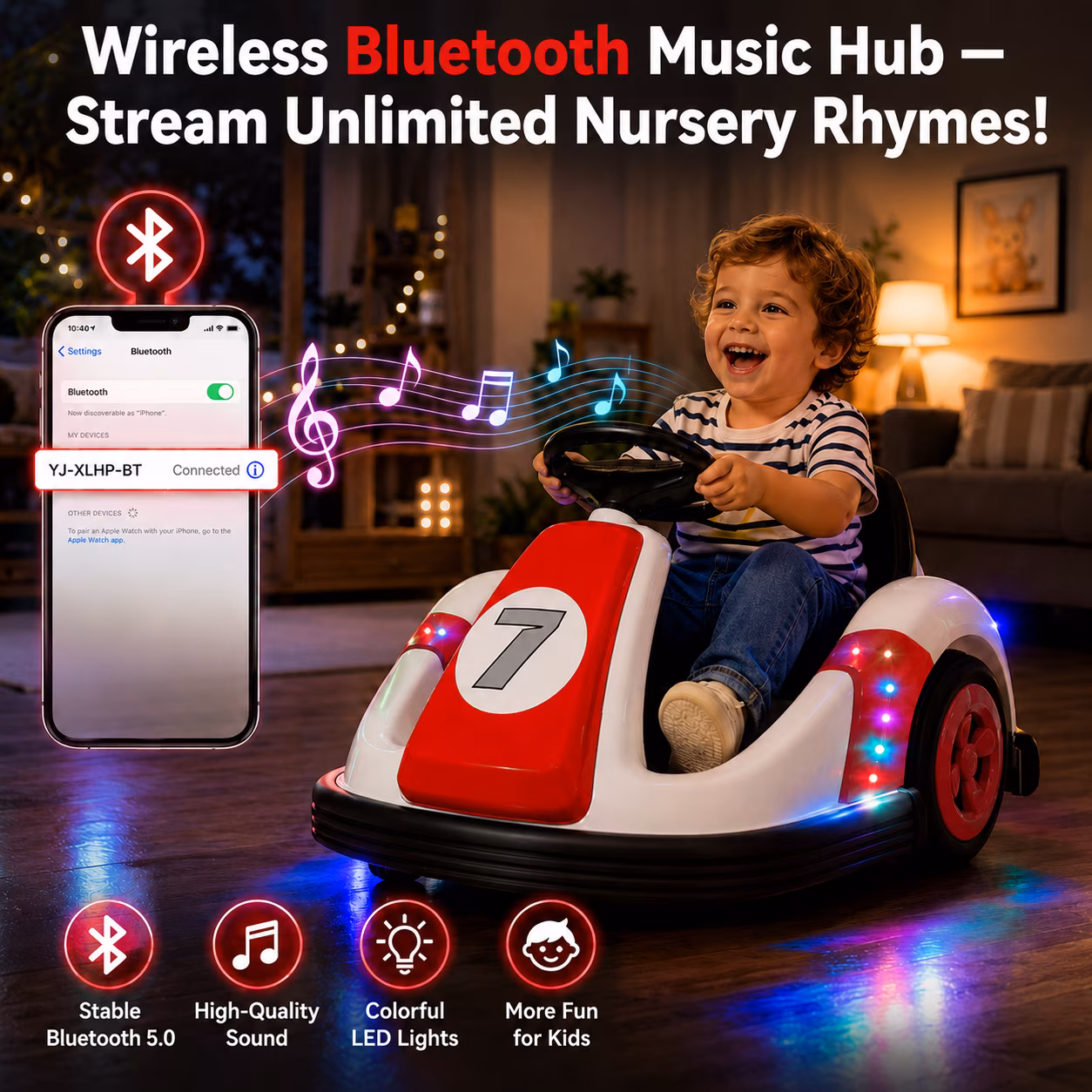 Neche 12V Electric Bumper Car for Toddlers, 2.2 mph Ride On Toy with Remote Control, 360° Spin, Bluetooth Music, LED Lights, DIY Stickers, Red - Image 2