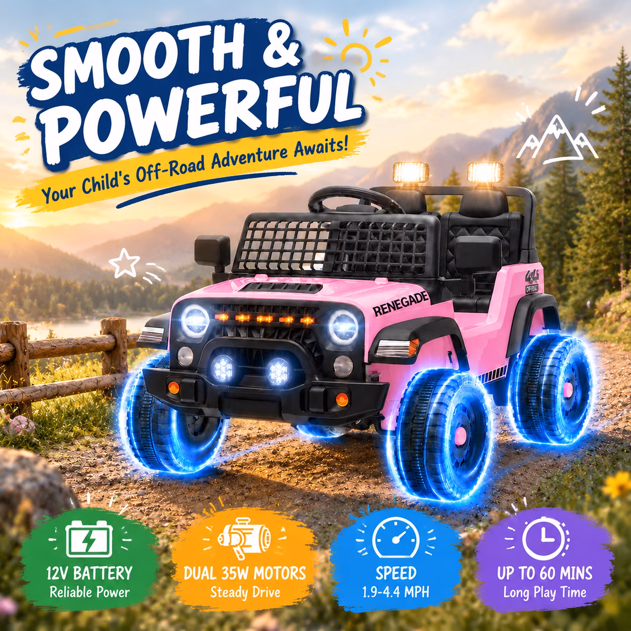 NEORIVER 12V Kids Electric Ride On Car, Ride On Toy Vehicle with Dual 35W Motors, 3 Speed Modes, Bluetooth, USB, LED Lights & Horn - Image 3