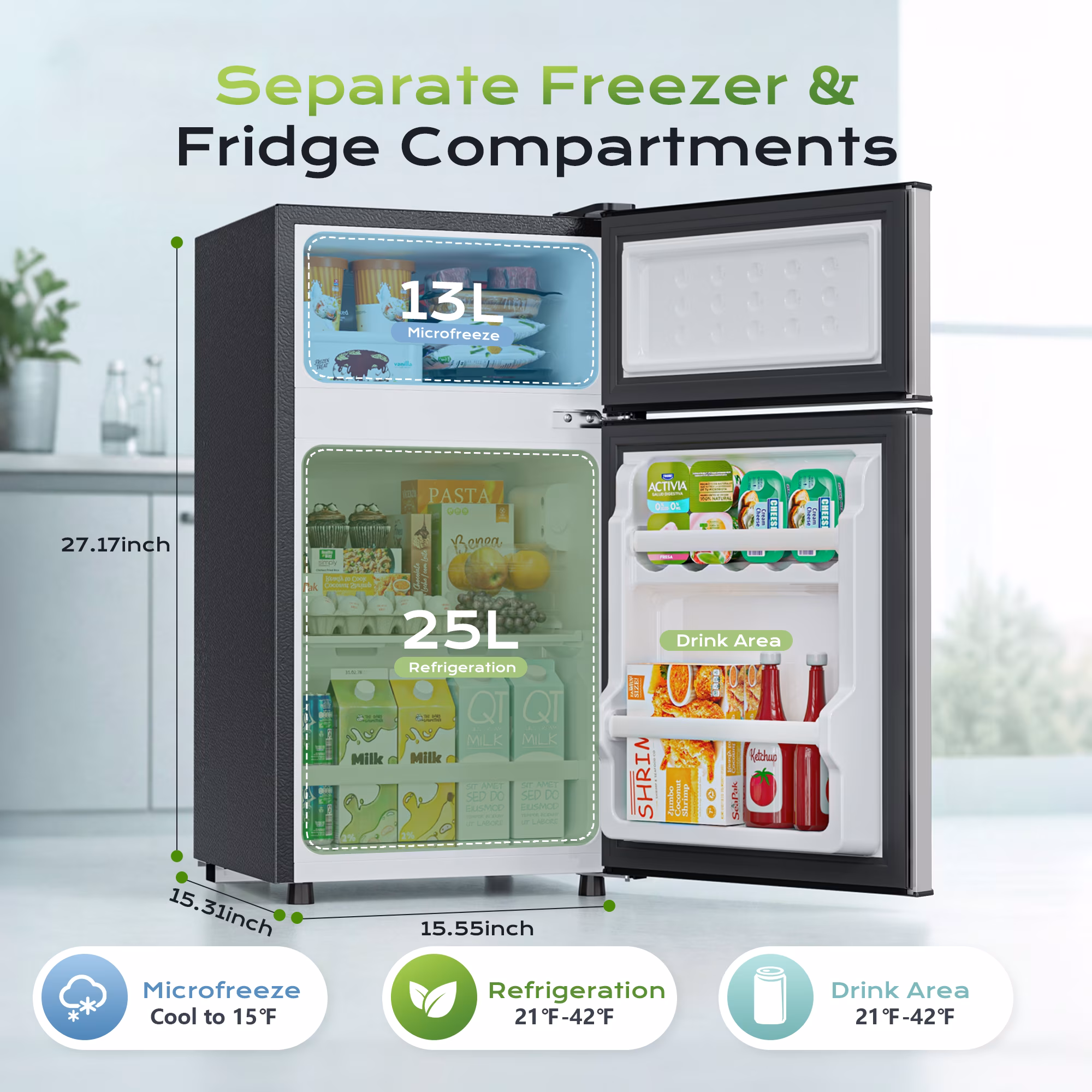 Nepsam 38L Mini Refrigerators, Mini Fridges with Freezer Double Door for Room,Apartment, Silver - Image 4