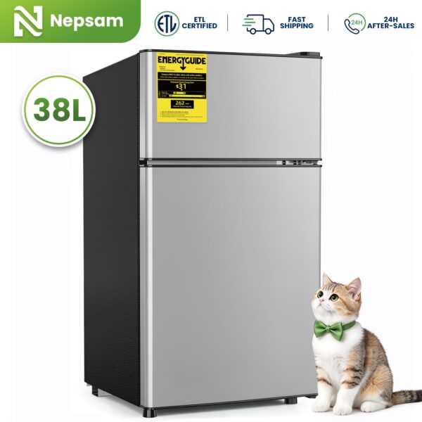 Nepsam 38L Mini Refrigerators, Mini Fridges with Freezer Double Door for Room,Apartment, Silver