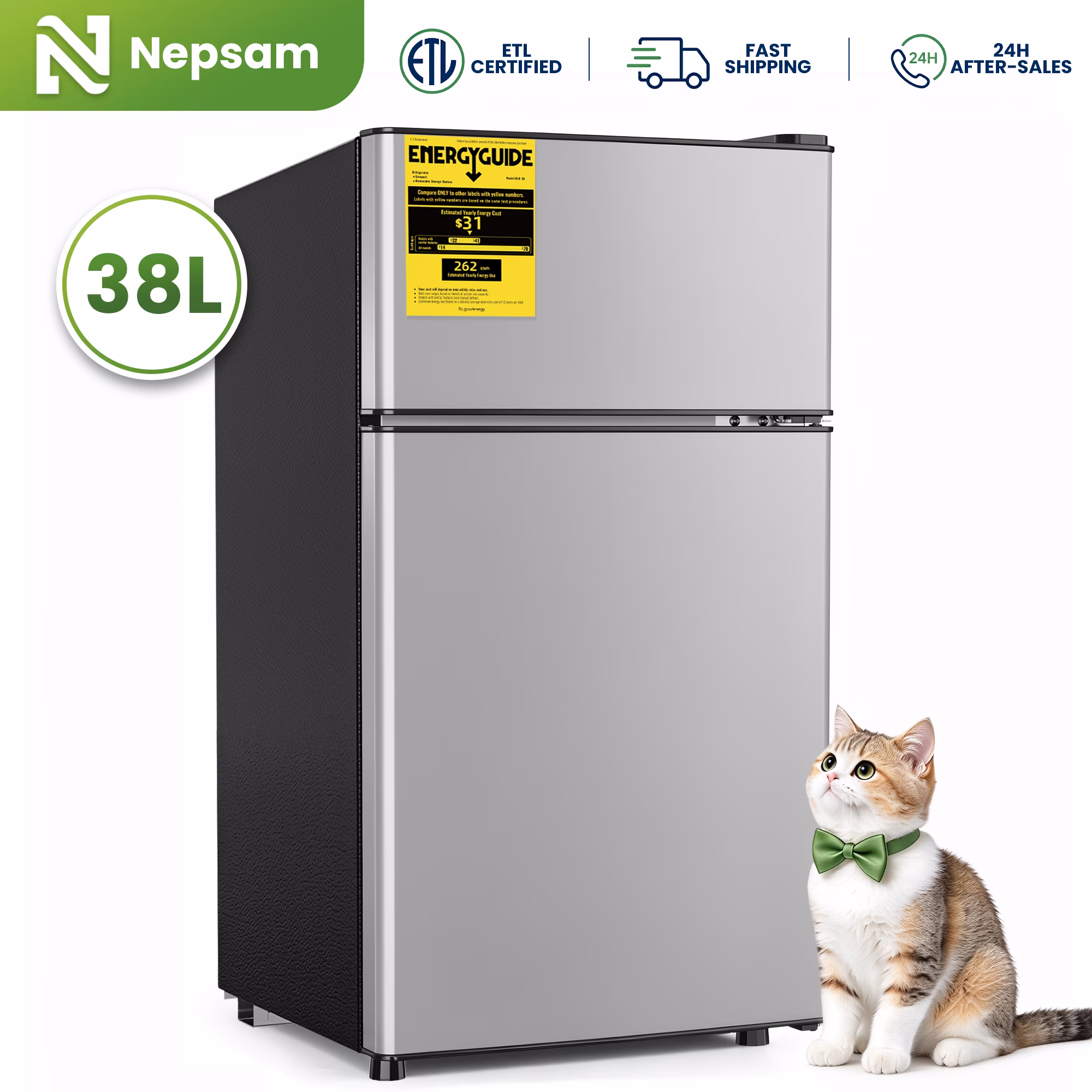 Nepsam 38L Mini Refrigerators, Mini Fridges with Freezer Double Door for Room,Apartment, Silver