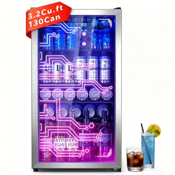 Nepsam Light Up Beverage Refrigertor, Led Lighting Door 120 Cans Freestanding Beverage Fridge, Cyberpunk Beverage Cooler for Gaming, Gaming Room, Bar, Party