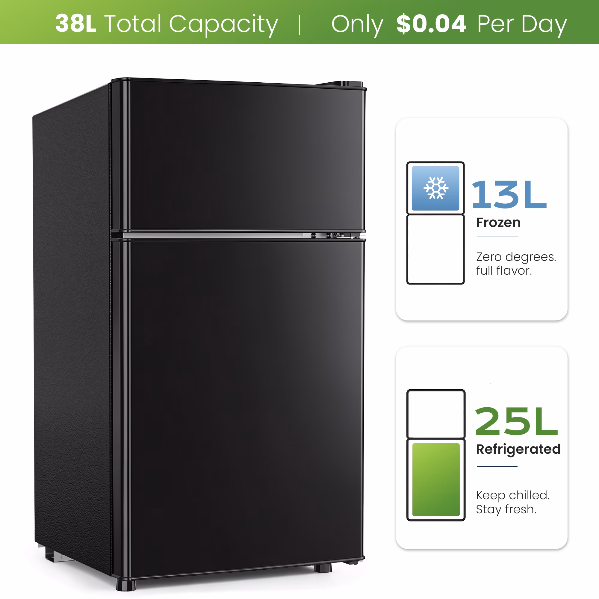 Nepsam Mini Refrigerator with Top Freezer 38 Liter Dual Door Small Refrigerator with 7-Level Adjustable Thermostat for Office, Black