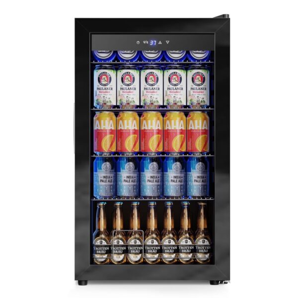 Nipus 17.52 inch Beverage Refrigerator Cooler,130 Cans Capacity with Glass Door for Soda Wine Beer, with Adjustable Removable Shelves, Black